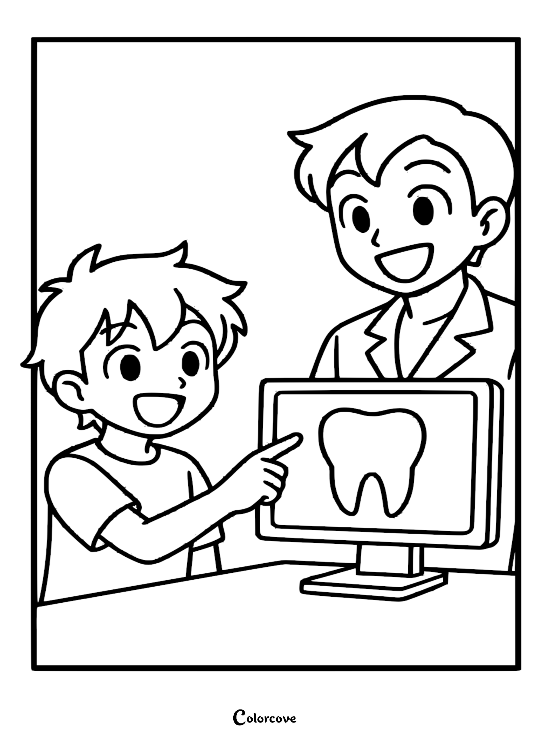 A smiling boy points to a tooth X-ray on a computer monitor while the friendly dentist watches in this kids coloring page.