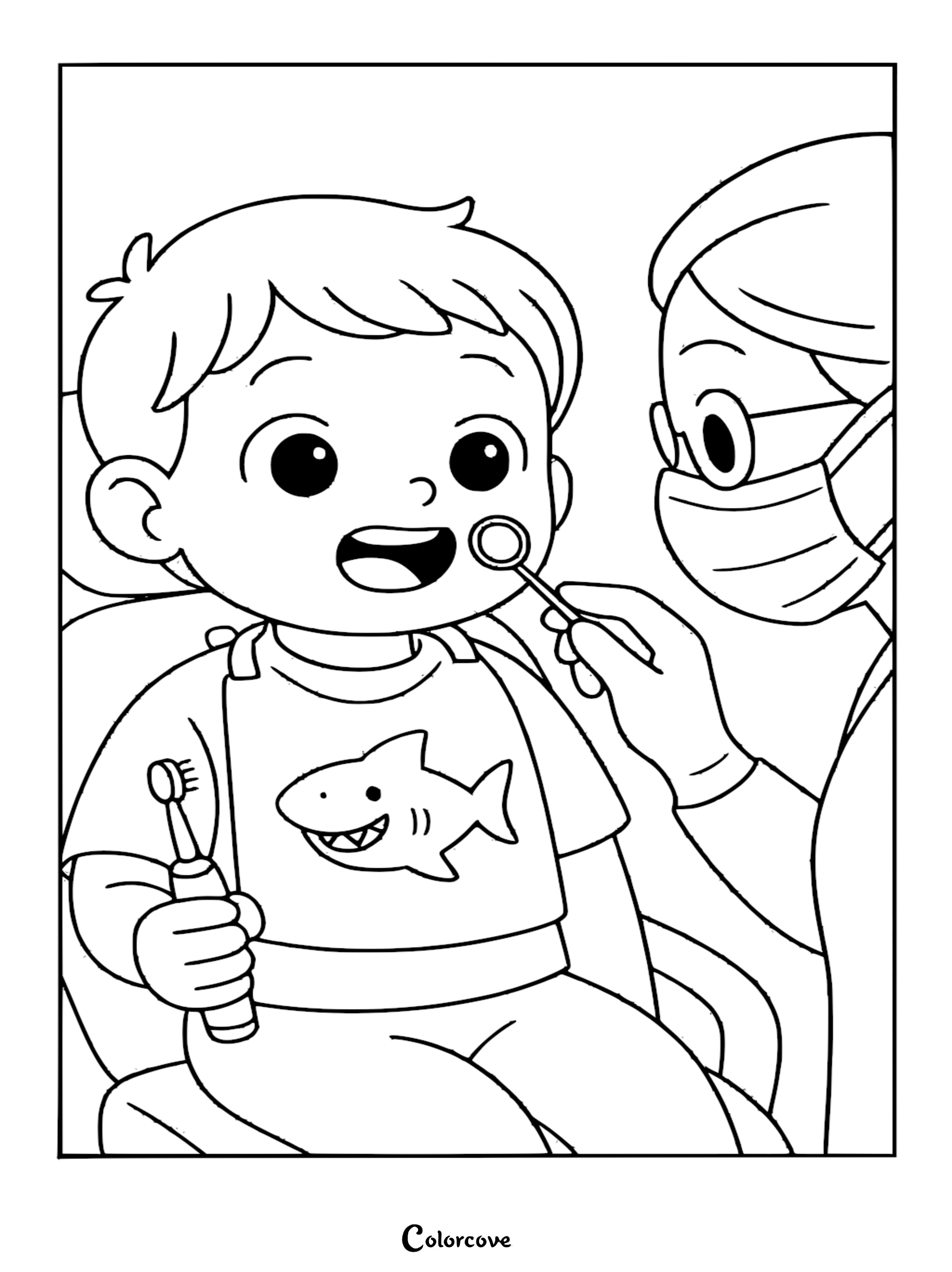 A young boy wearing a shark-themed shirt holds a toothbrush while a dentist examines his teeth with a mirror in this printable coloring page.