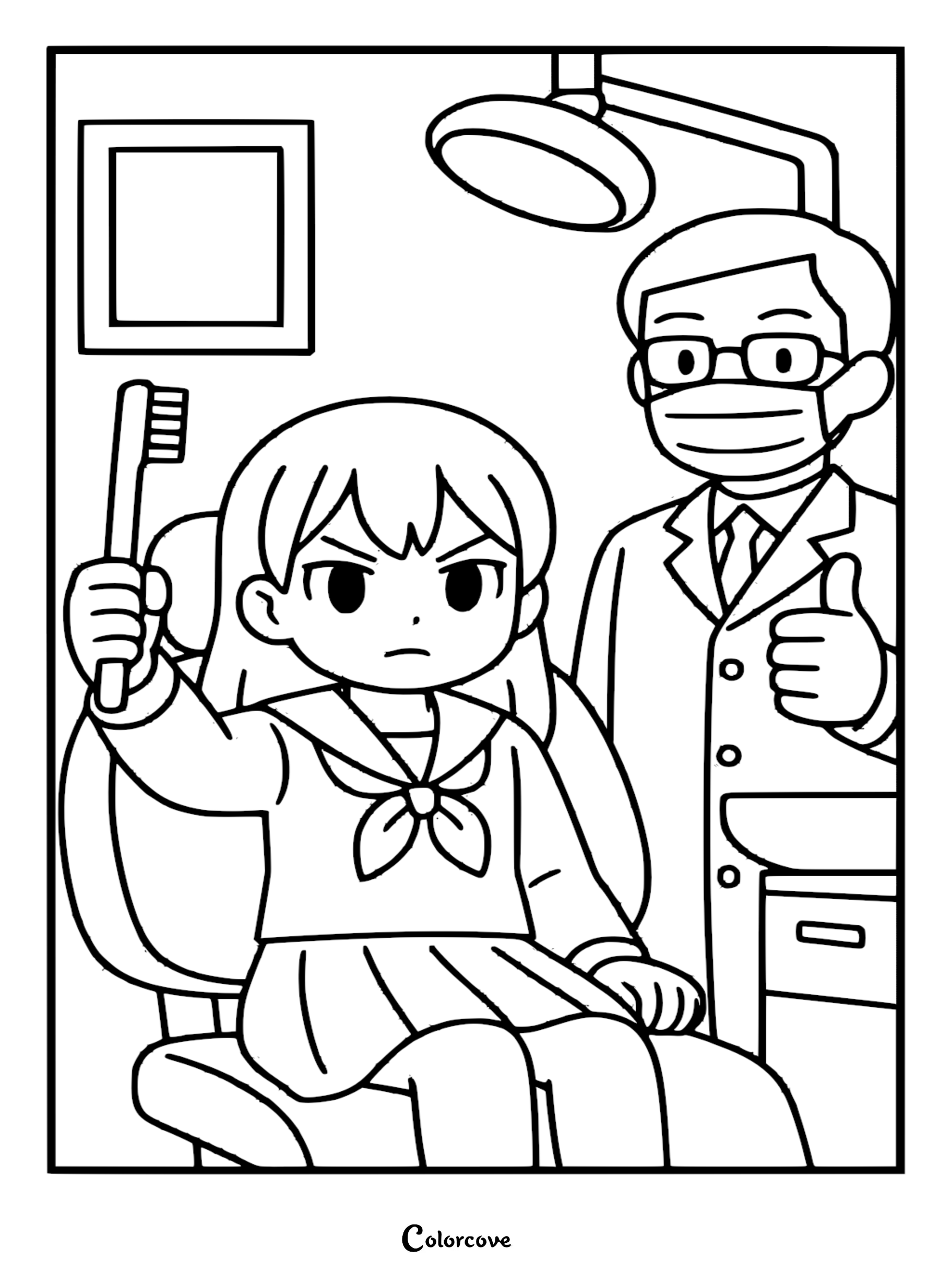 Anya Forger sitting in a dental chair holding a toothbrush while a dentist in a mask gives a thumbs up, a fun dentist-themed coloring page.