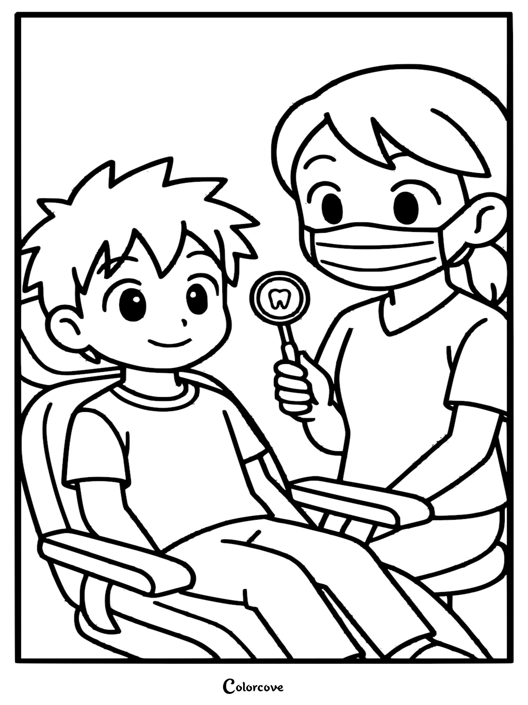 A friendly female dentist in a medical mask holding a mirror with a tooth icon, examining a calm young boy sitting in a dental chair in this printable coloring page.