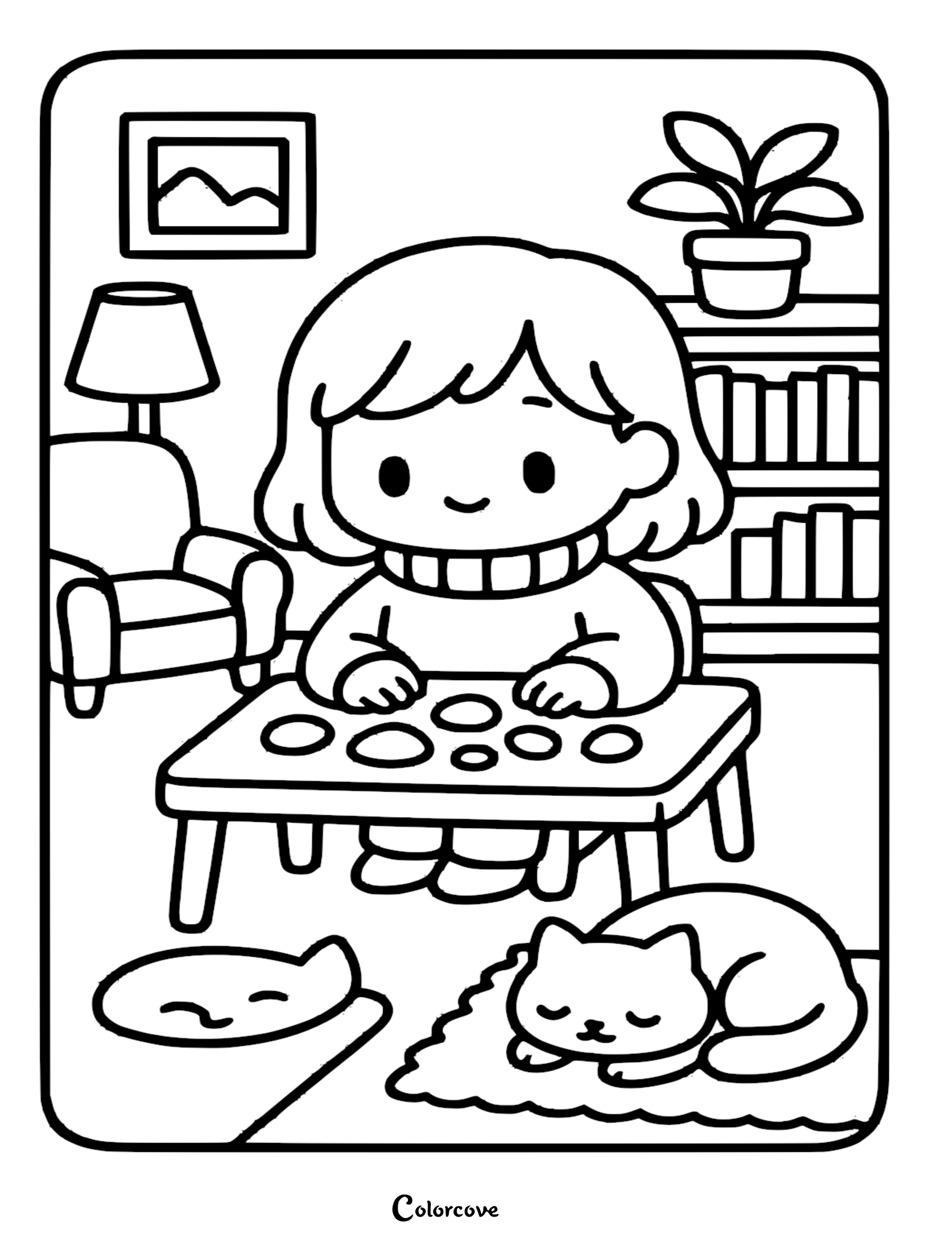 A cute girl with bobbed hair playing with round tokens on a low table in a living room, with a sleeping cat on a rug, perfect as a coloring page.
