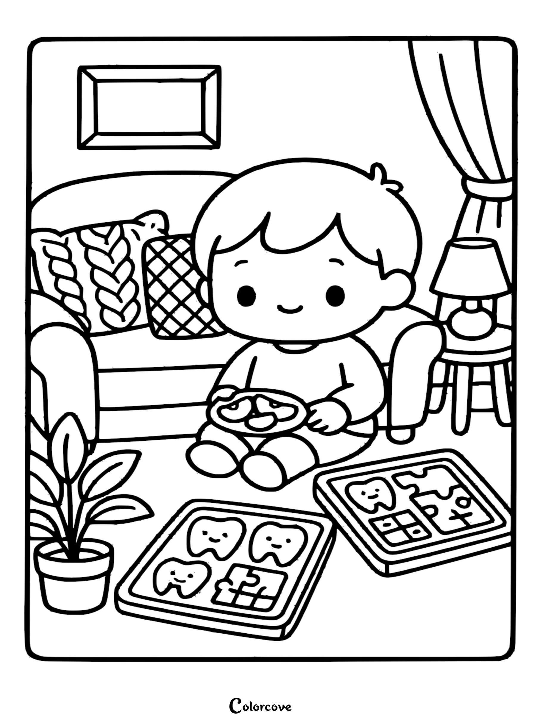 A cute boy sitting on the floor playing with tooth-shaped puzzle pieces on a tray, coloring page illustration.