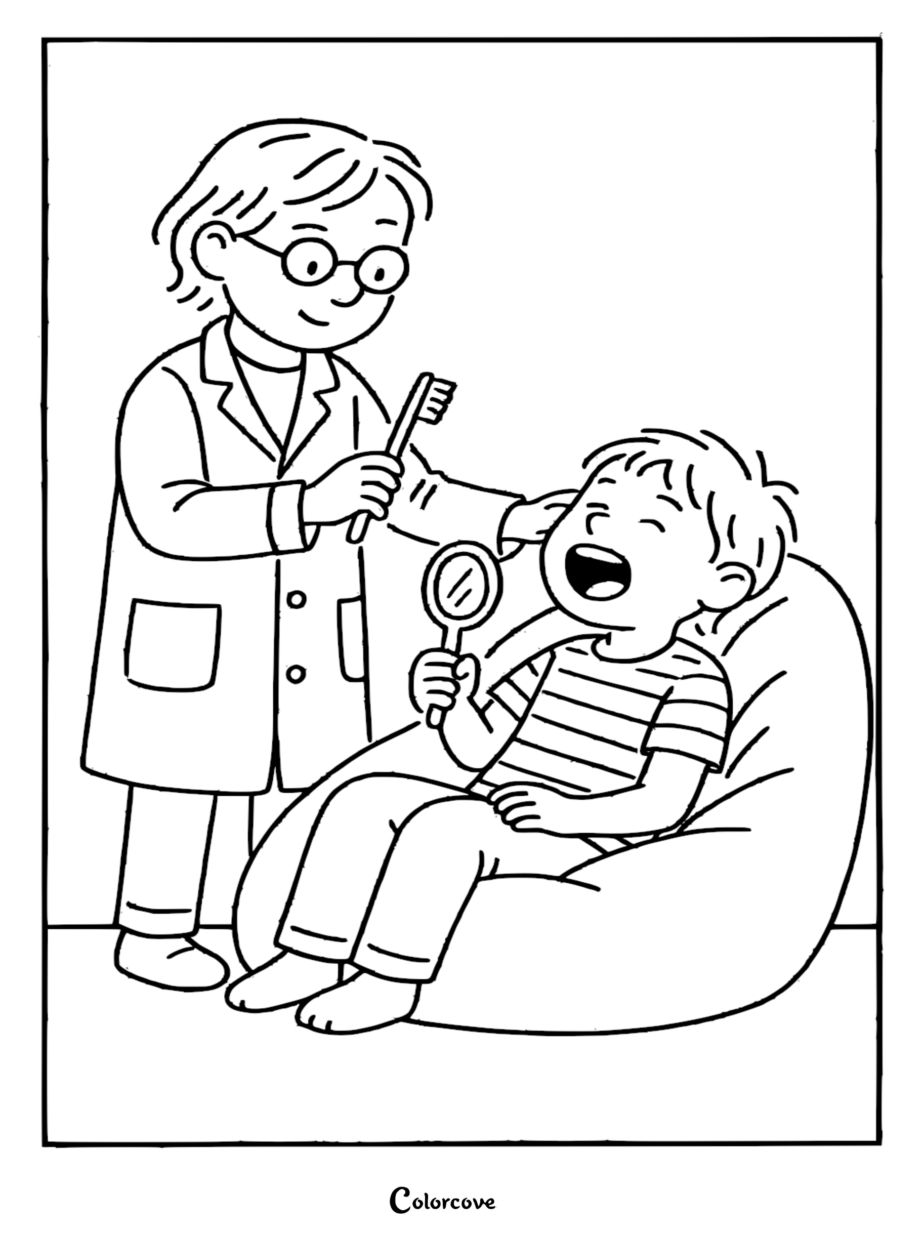 A friendly dentist in a lab coat holding a toothbrush and a boy in a striped shirt holding a small mirror in this printable coloring page.