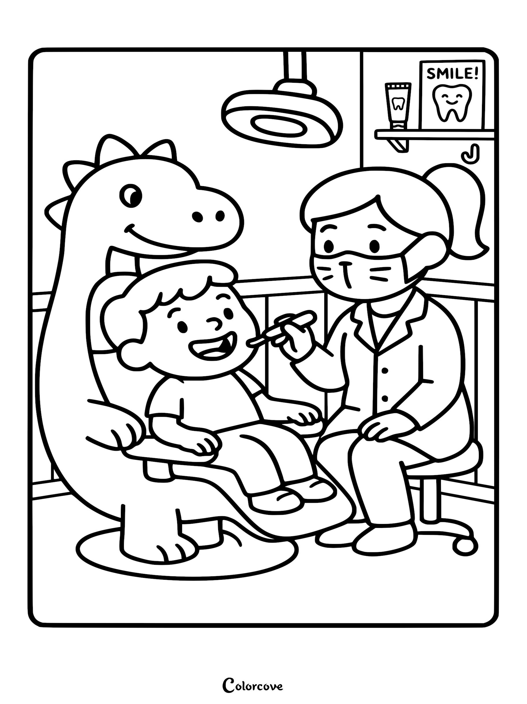 A friendly dinosaur sits in a dental chair with a little boy while a dentist wearing a mask examines his teeth, perfect for a dentist-themed coloring page.