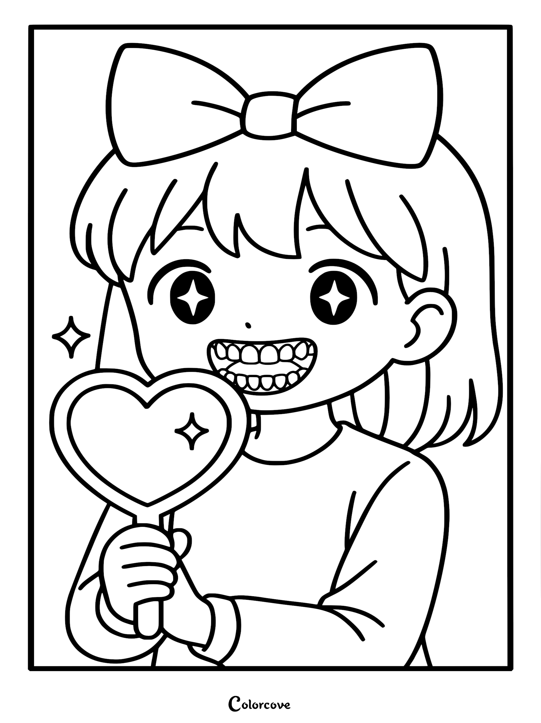 A cute girl with a large bow in her hair holding a heart-shaped mirror to admire her sparkling clean teeth, coloring page.