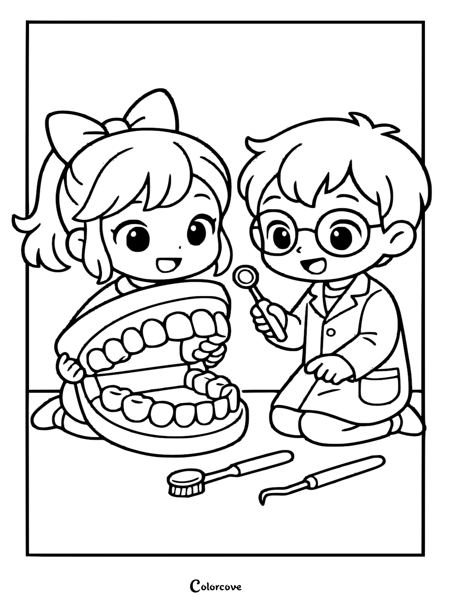 A cute anime-style girl and boy wearing a lab coat and glasses examining a large set of model teeth, a printable coloring page.