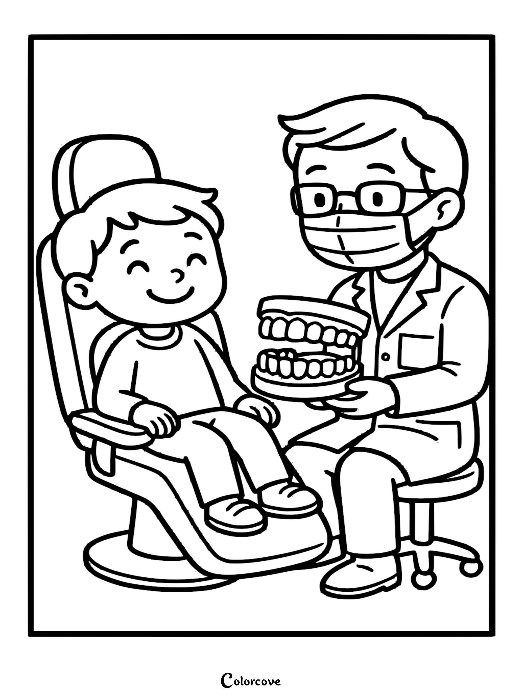 Dentist wearing glasses and a face mask holding a large plastic teeth model for a smiling young boy sitting in a dental chair, printable coloring page.