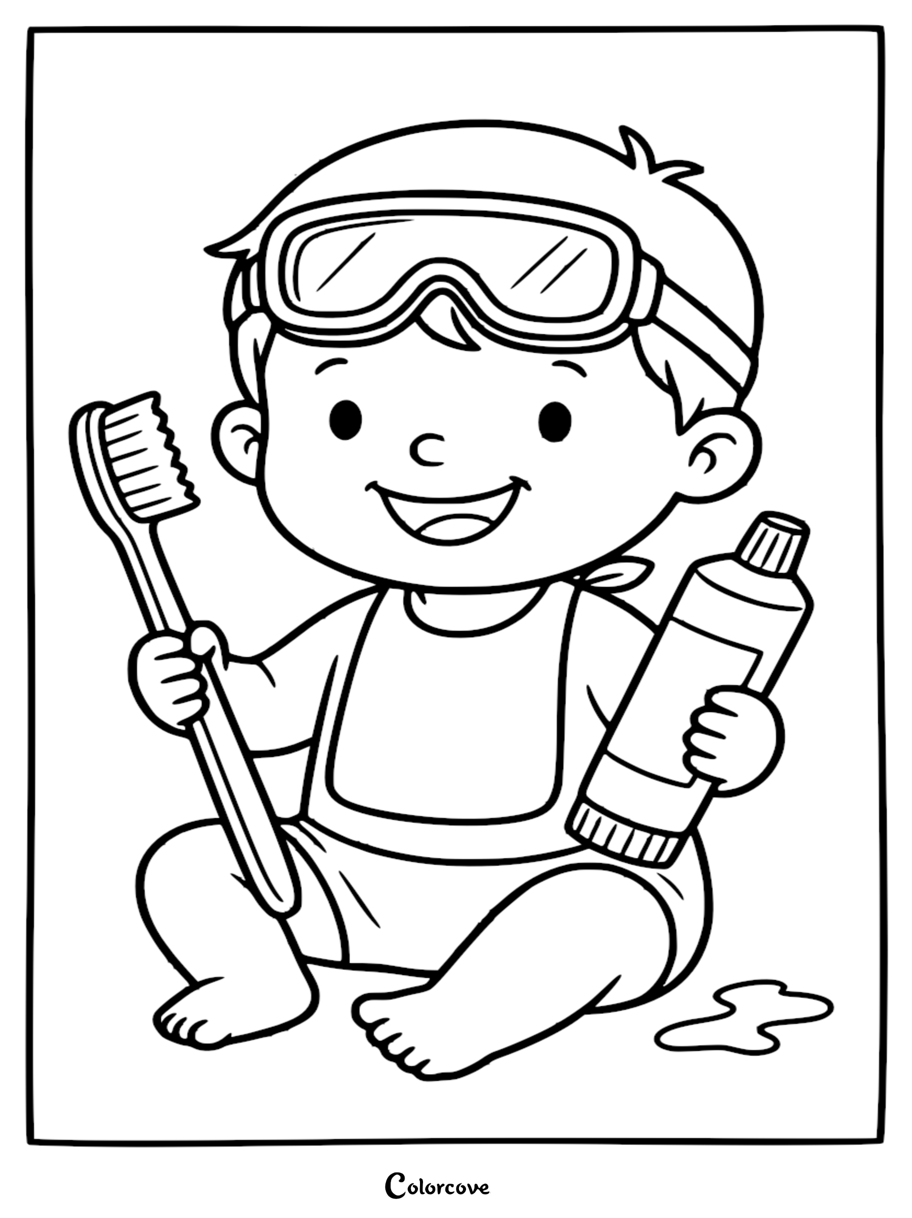 A smiling boy wearing safety goggles, holding a toothbrush and toothpaste, printable dentist themed coloring page.