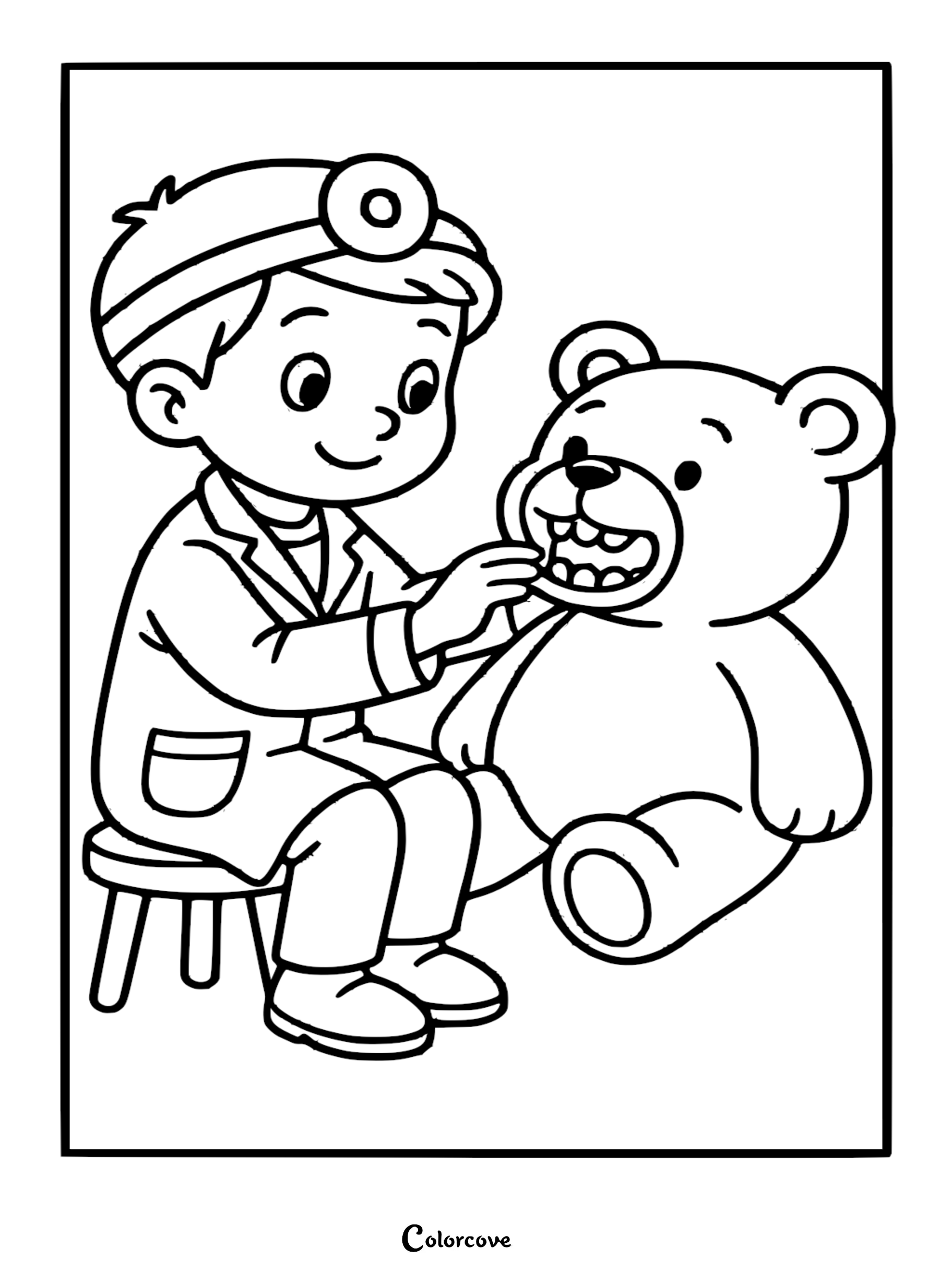 A printable kids coloring page featuring a young dentist in a lab coat and head mirror checking the teeth of a plush teddy bear.