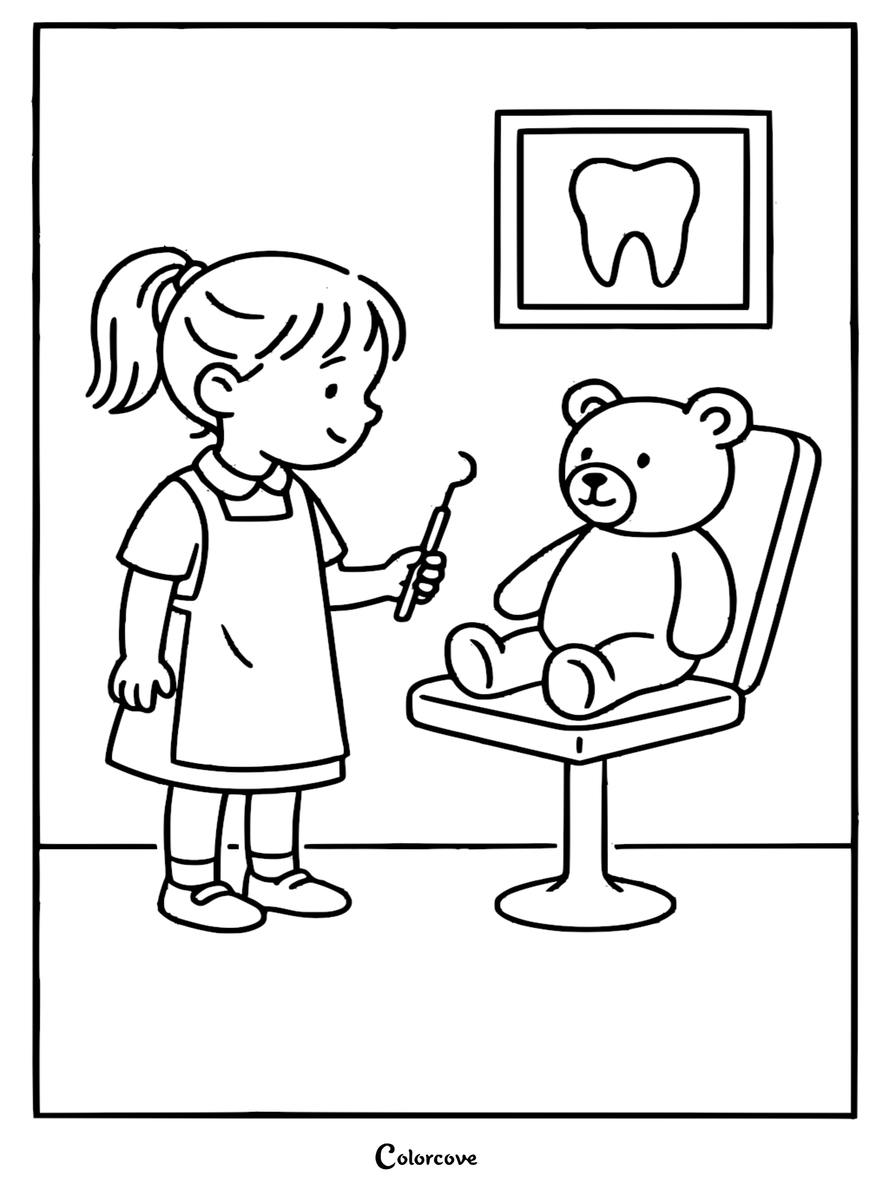 A young girl dressed as a dentist holding a dental pick while examining a teddy bear sitting in a dental chair, a coloring page design.