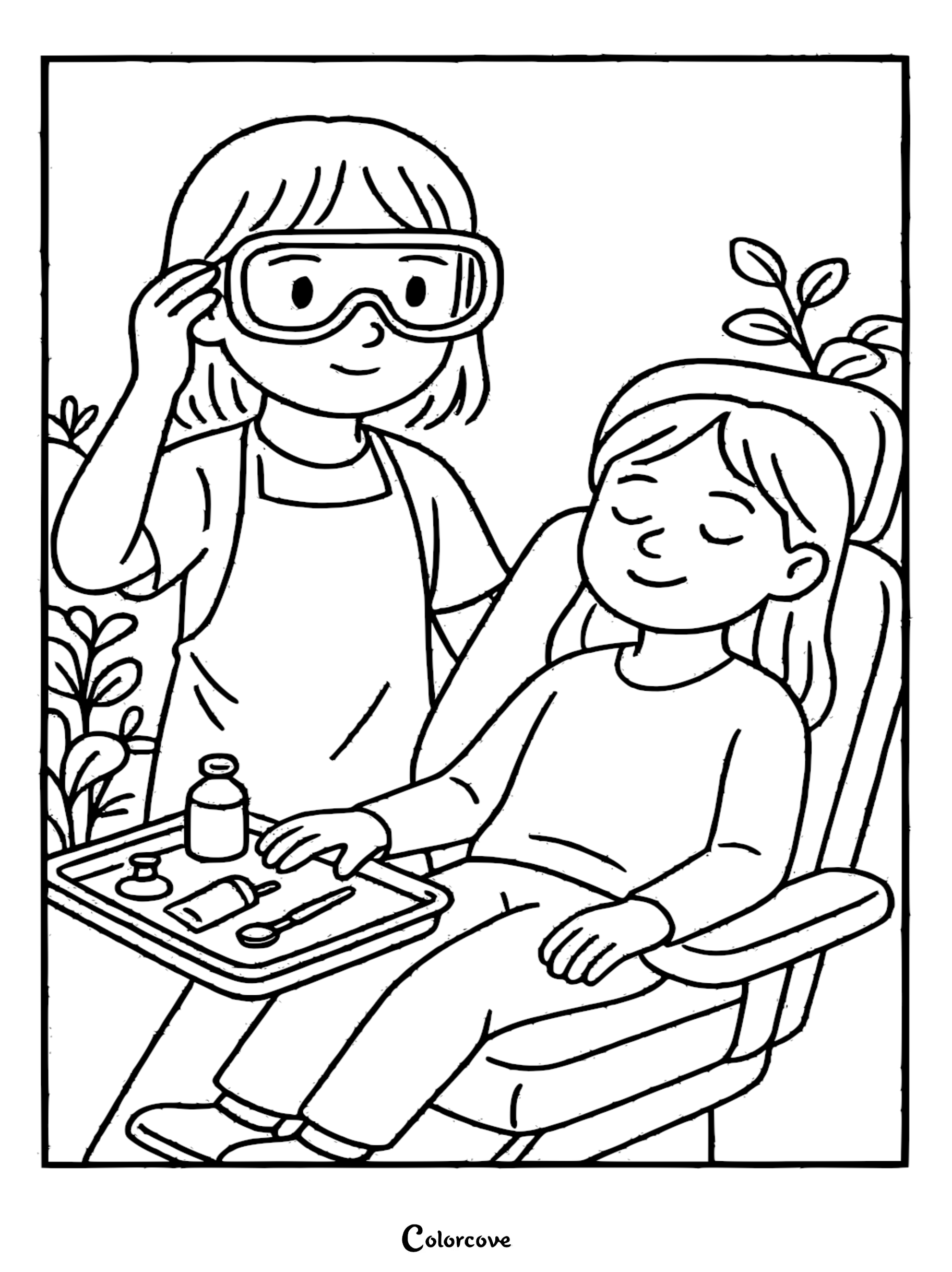 A friendly dentist wearing protective goggles and an apron examining a patient reclining in a dental chair, a medical tray with tools sits nearby in this dentist coloring page.