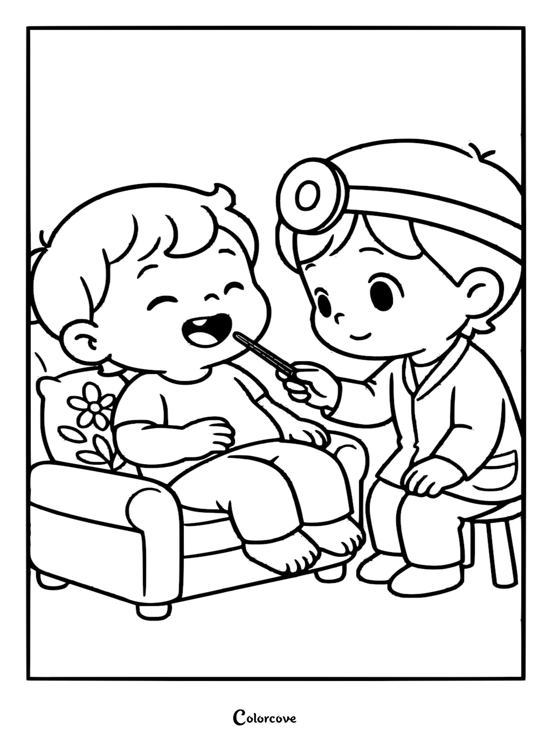 A friendly dentist with a head mirror examines a smiling child sitting in a flowered chair in this cute dentist coloring page.