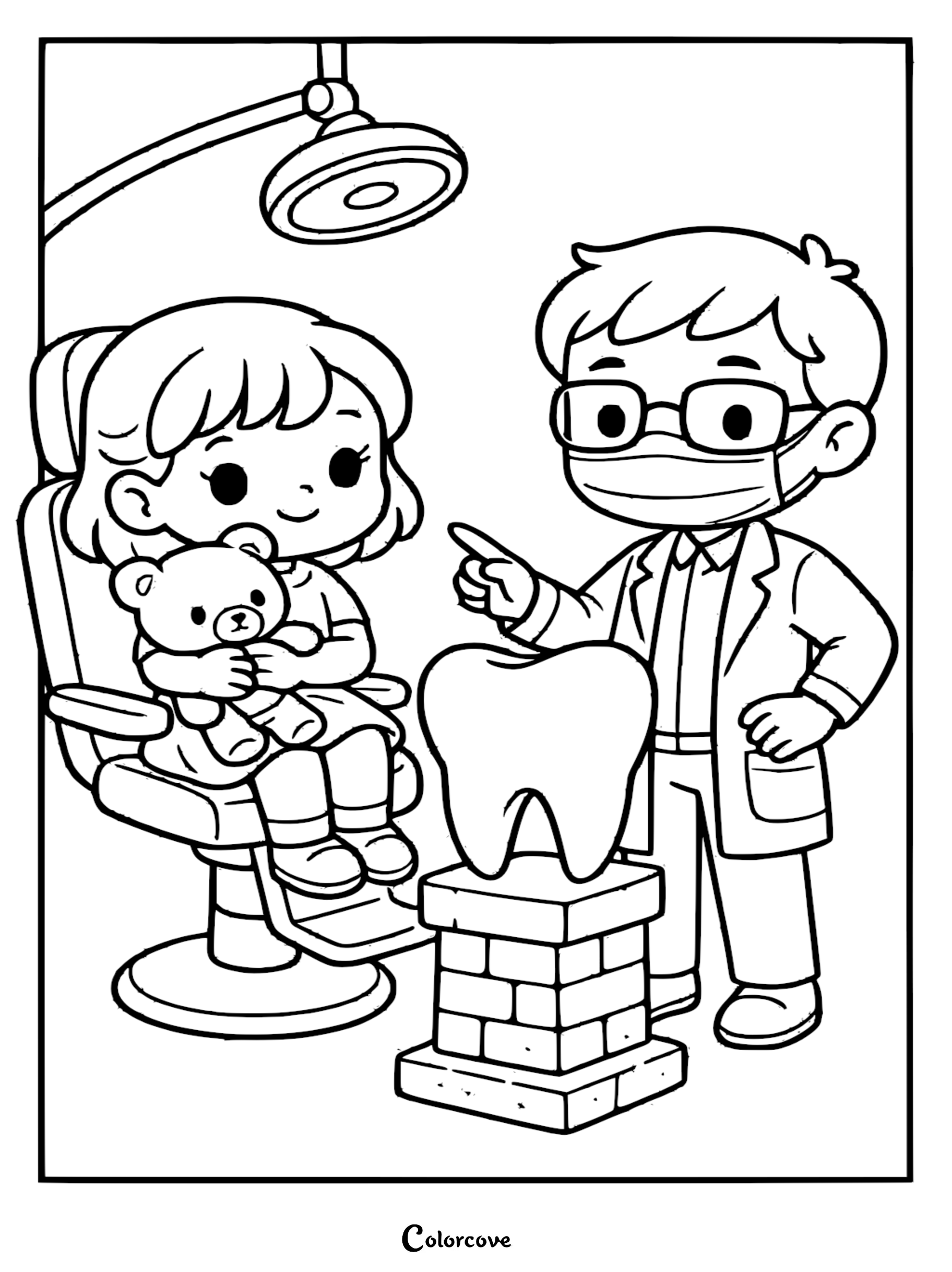 A friendly dentist wearing glasses and a mask points to a large tooth model for a young girl holding her teddy bear, a line art coloring page.
