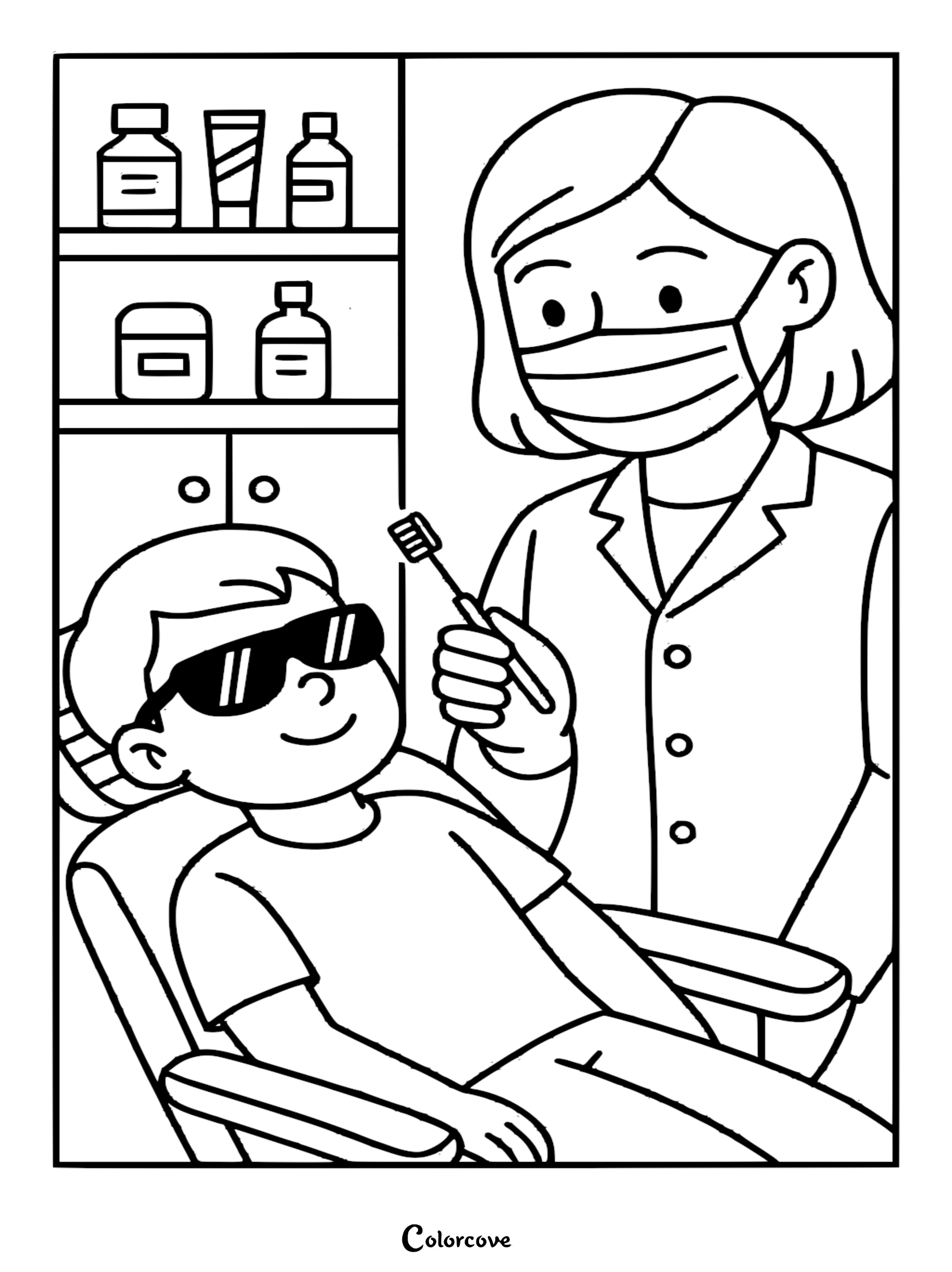 A friendly dentist in a mask holding a toothbrush while examining a young patient wearing sunglasses in a dental chair, printable coloring page.