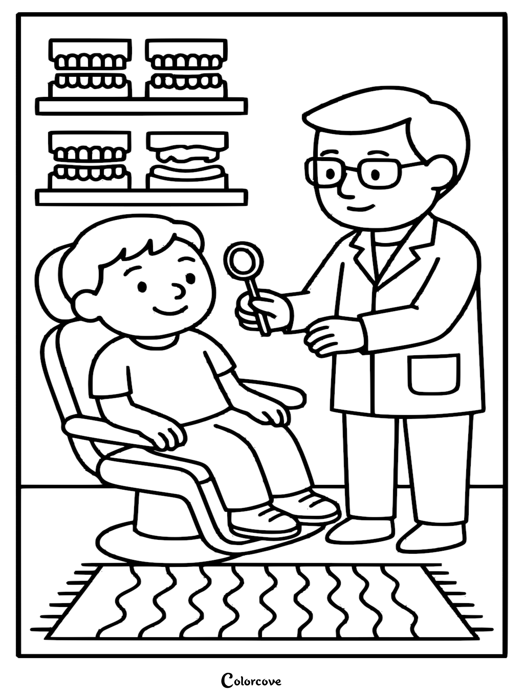 Dentist wearing glasses holding a magnifying glass to inspect a young patient sitting in a dental chair, a coloring page showing dental models on wall shelves.