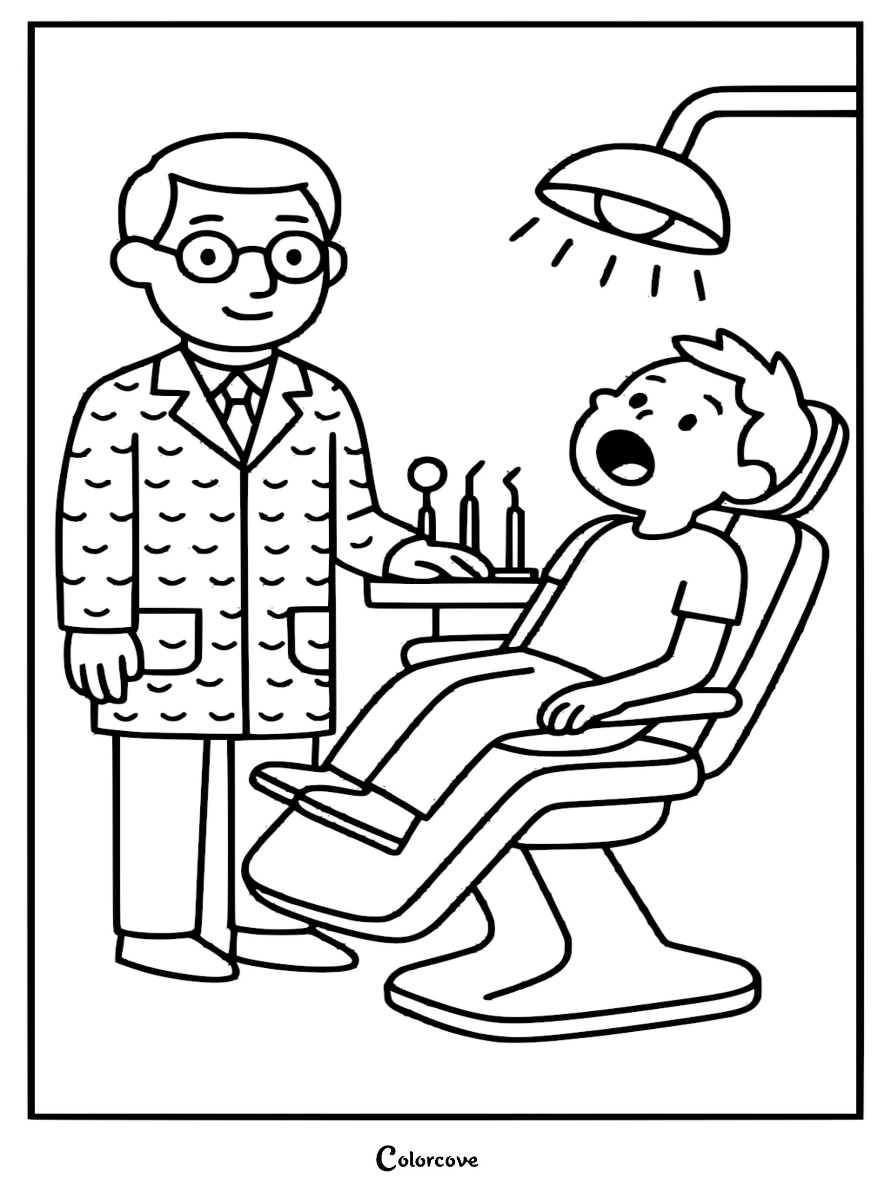 A friendly dentist in a lab coat standing next to a boy in a dental chair, creating a detailed dentist office scene coloring page for kids.