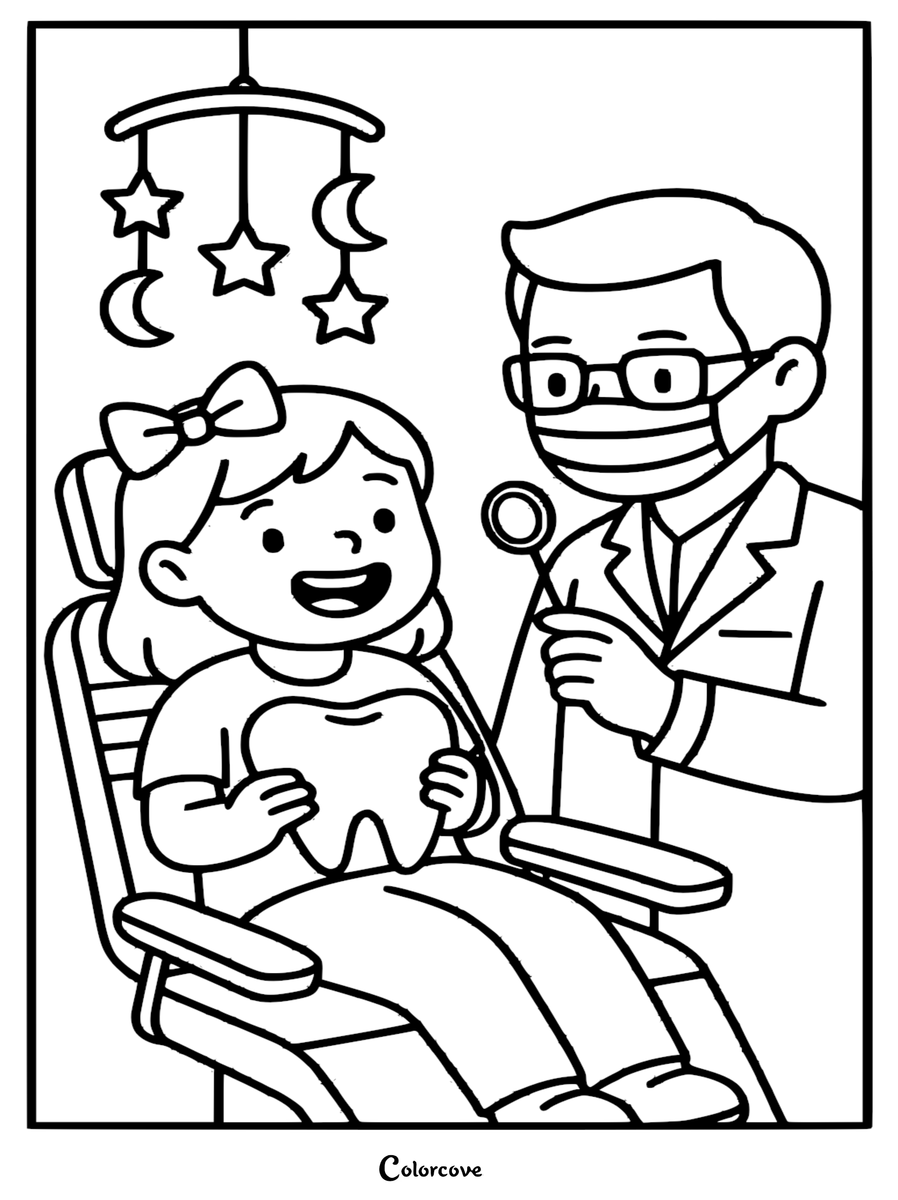A girl sitting in a dental chair holding a tooth prop with a dentist nearby, a star and moon mobile overhead in this printable coloring page.