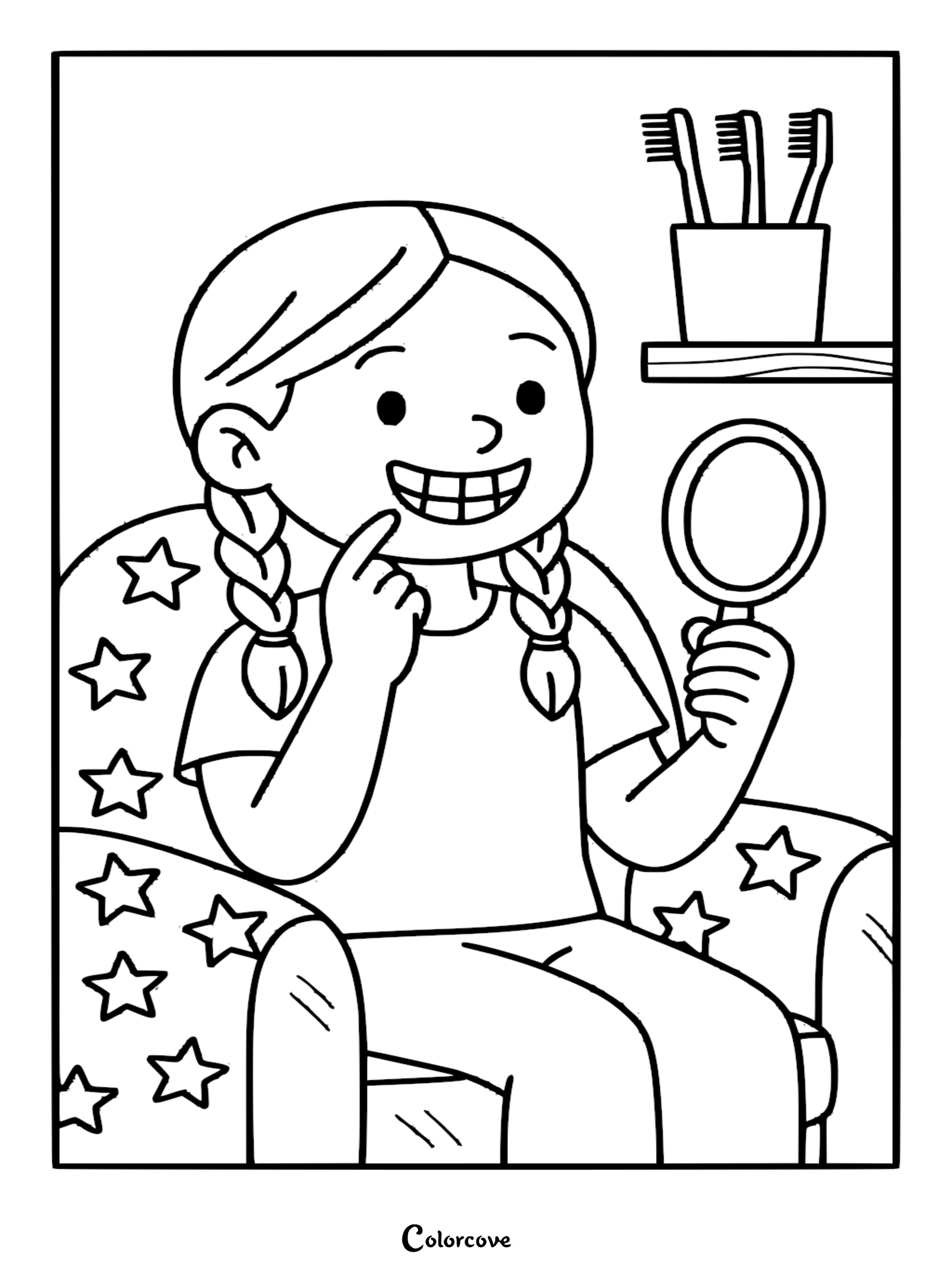 Young girl with braided hair sitting in a star-patterned chair, looking at her clean teeth in a hand mirror, with toothbrushes on a shelf, line art coloring page.