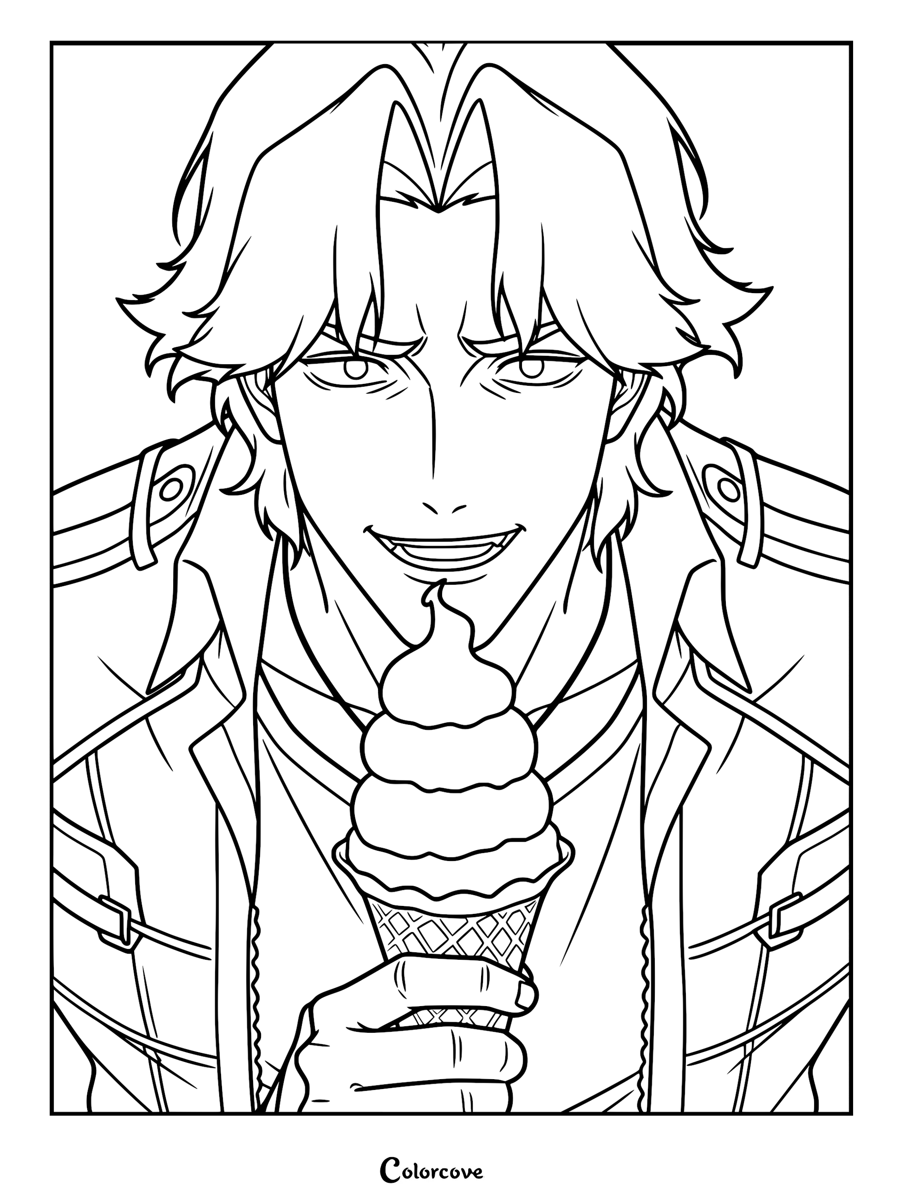A detailed Devil May Cry coloring page featuring a close-up portrait of Dante holding and eating a swirl ice cream cone.