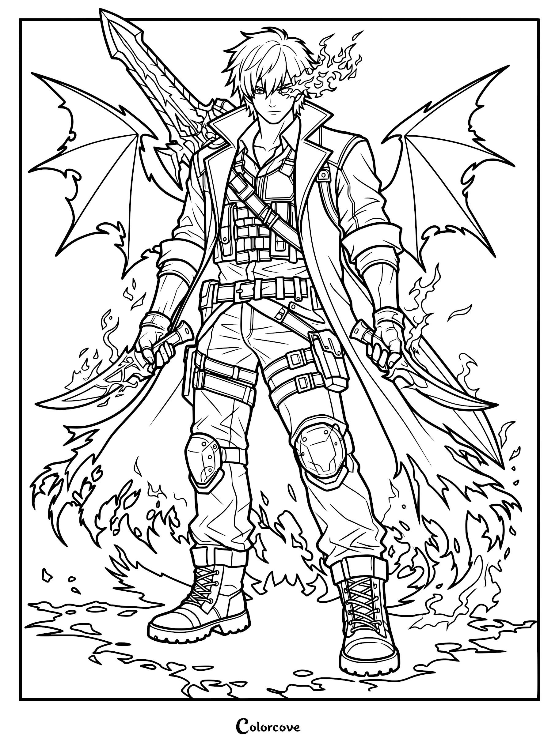 A detailed Devil May Cry coloring page featuring Dante in his fiery Devil Trigger form, wielding dual blades with demonic wings and flames.