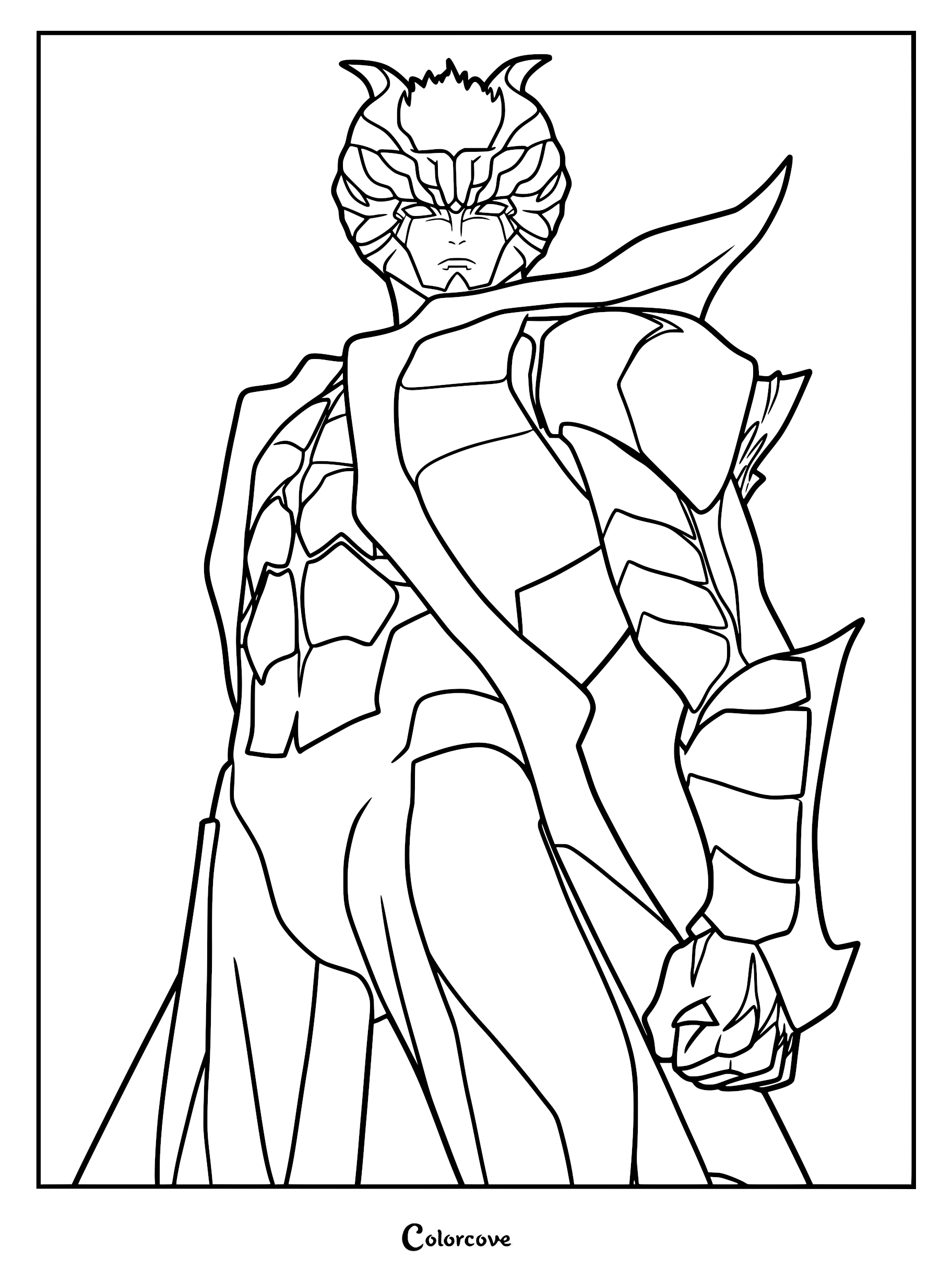 A detailed coloring page of Dante in his iconic Devil Trigger demon form, showcasing his horned head, segmented demonic armor plates, and powerful stance from Devil May Cry.