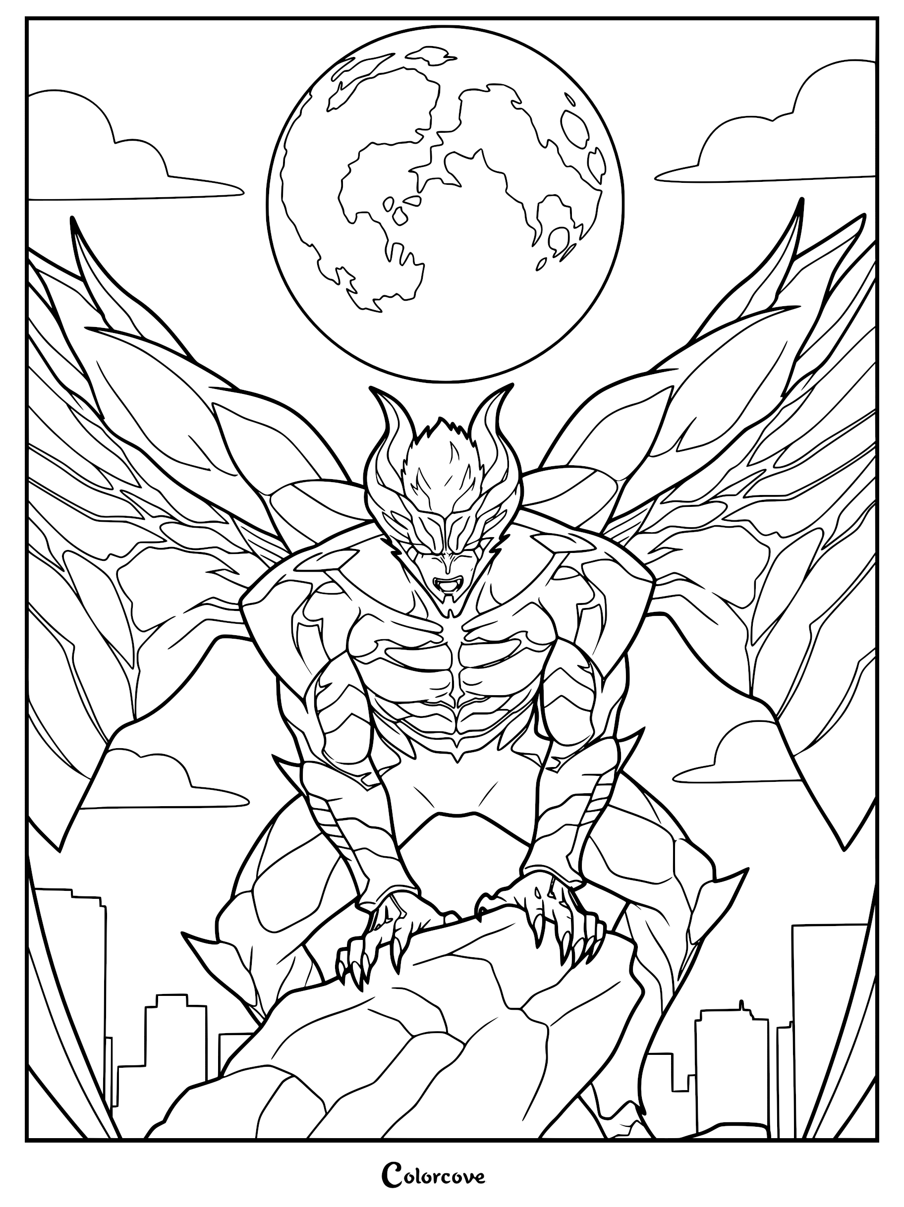 Dante in his powerful Devil Trigger form perched on a rock before a full moon, detailed line art for a printable coloring page.