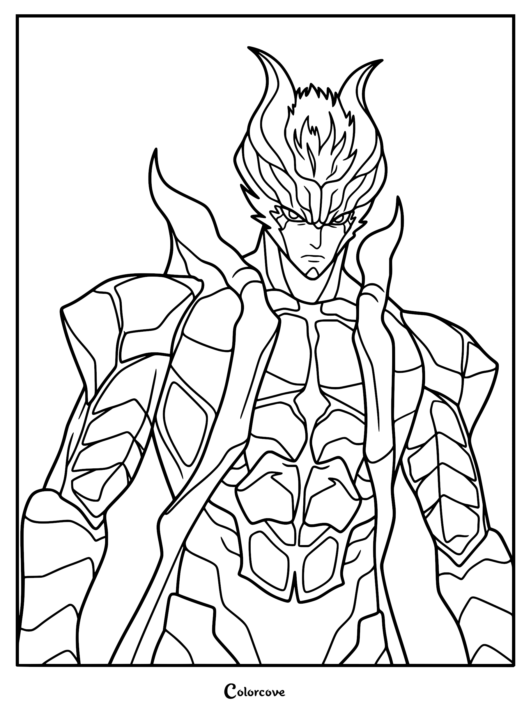 A detailed line art coloring page of Dante from Devil May Cry in his powerful demonic Devil Trigger form, featuring intricate segmented armor, sharp horns, and an intense gaze.