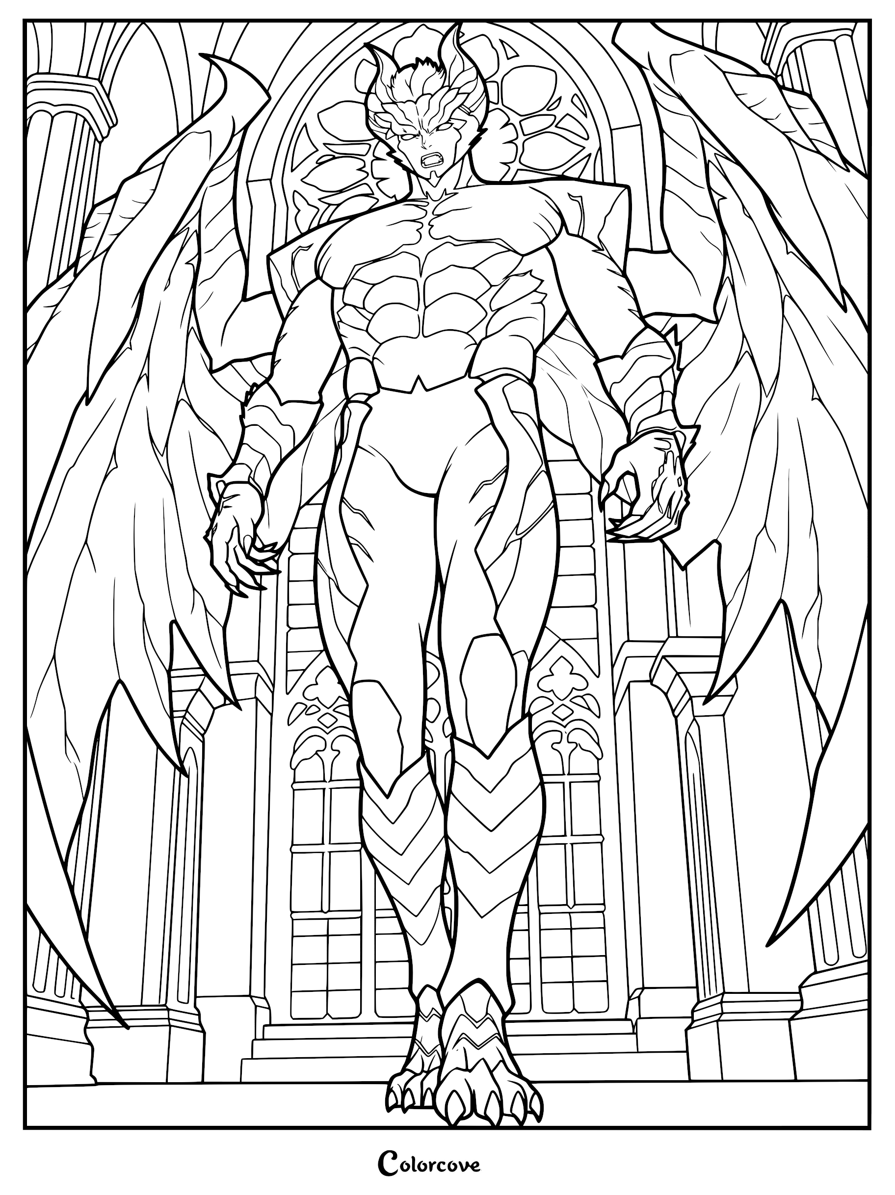 Dante in his demonic Devil Trigger form, showcasing expansive wings and clawed feet, standing before a large gothic window, ready to print as a coloring page.