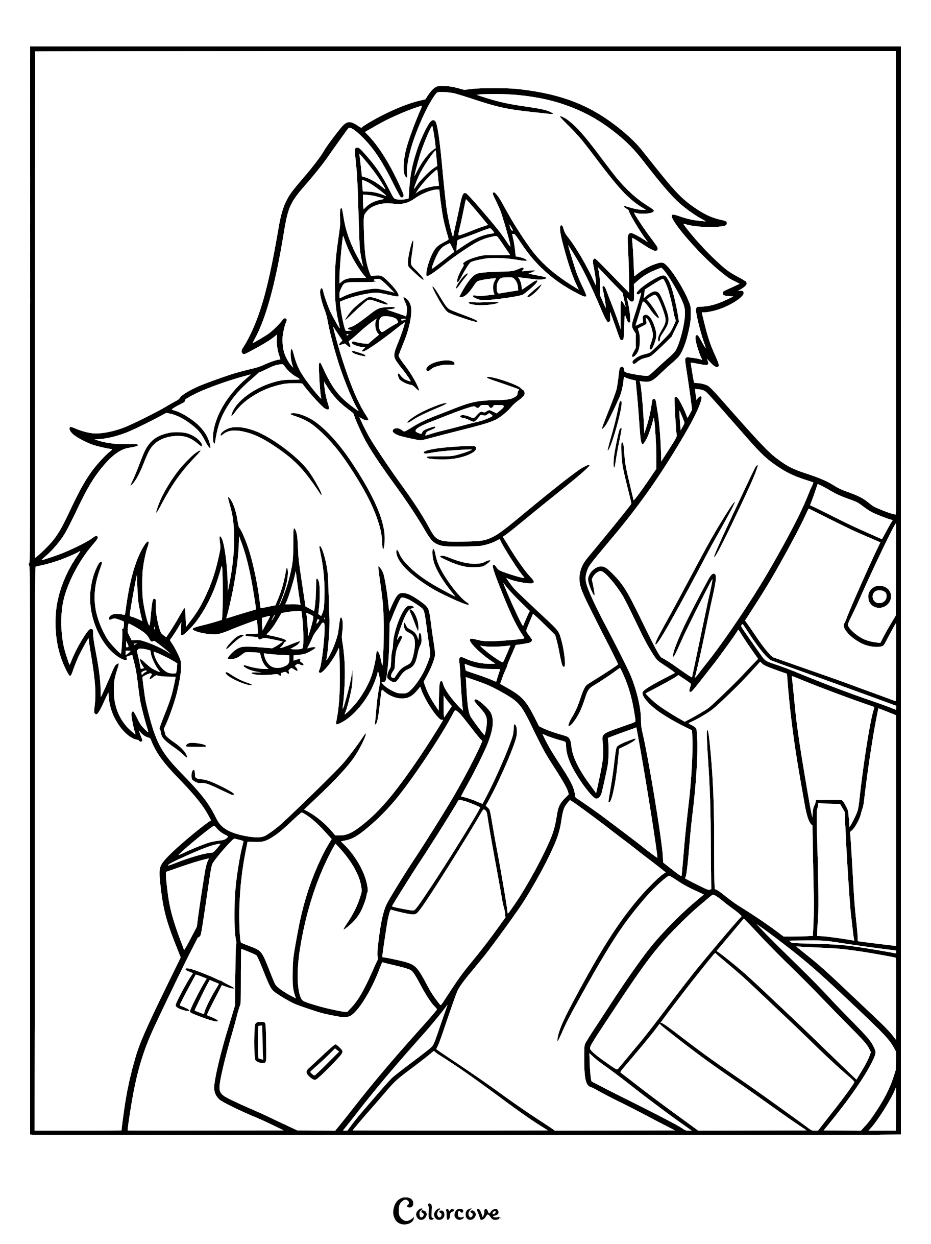 A line art coloring page featuring a close-up of Dante leaning over Lady, with Dante wearing his iconic coat and Lady looking forward with a serious expression.