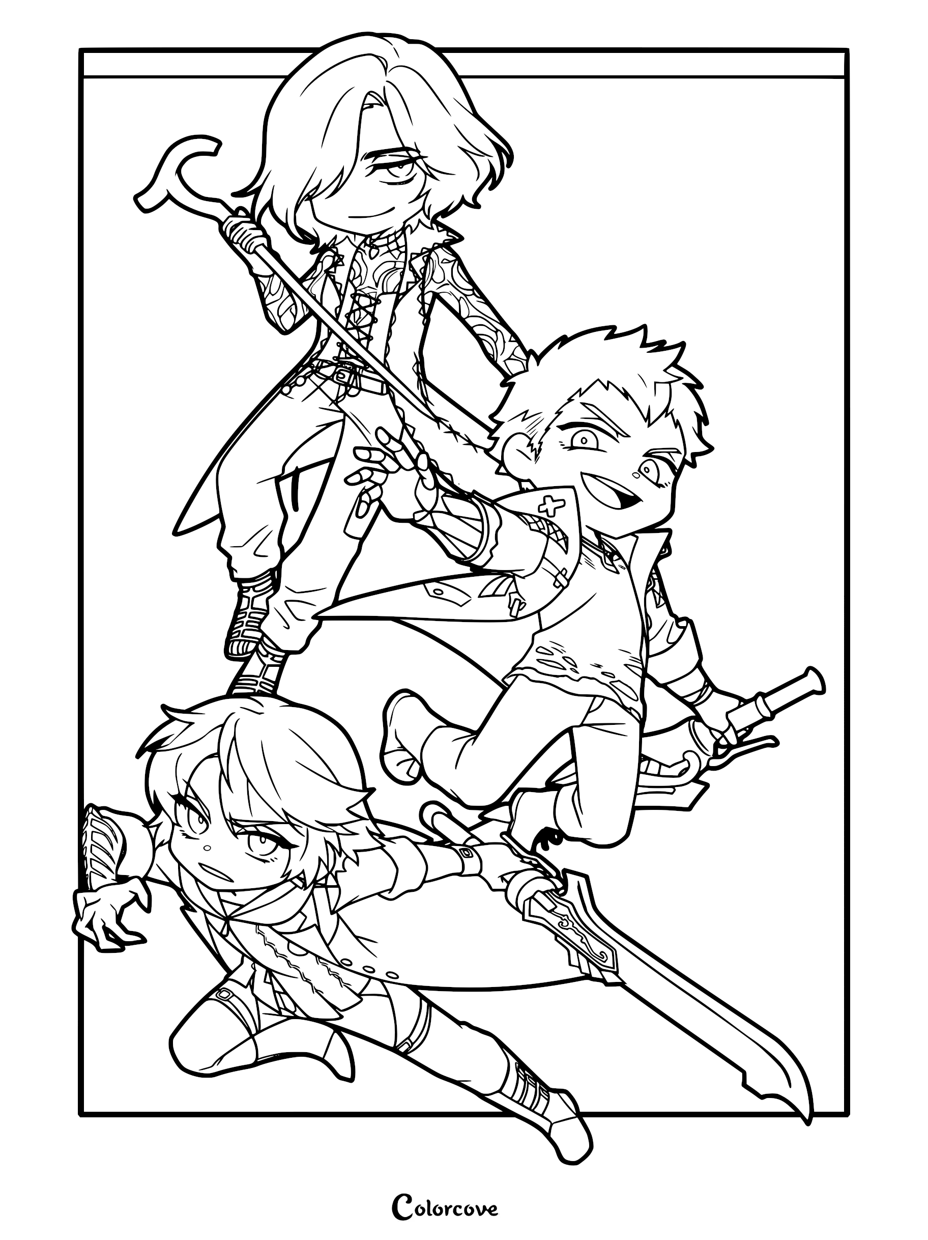 A printable Devil May Cry coloring page featuring chibi-style illustrations of Dante, Nero, and V in dynamic action poses, with clear line art suitable for all ages.