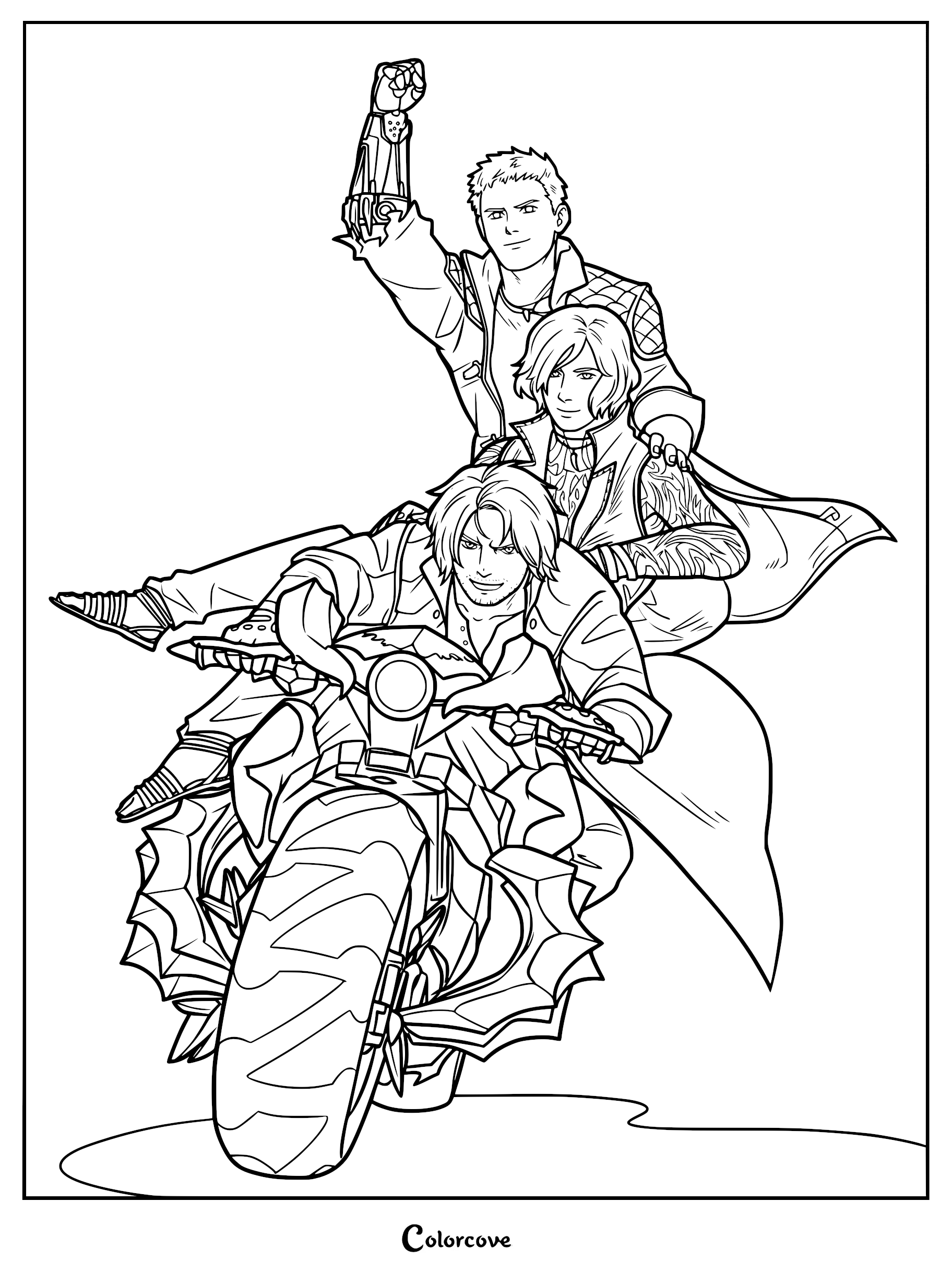 A detailed coloring page of Dante driving the demonic Cavaliere motorcycle, with V seated behind him and Nero standing tall behind them with his mechanical Devil Breaker arm raised.