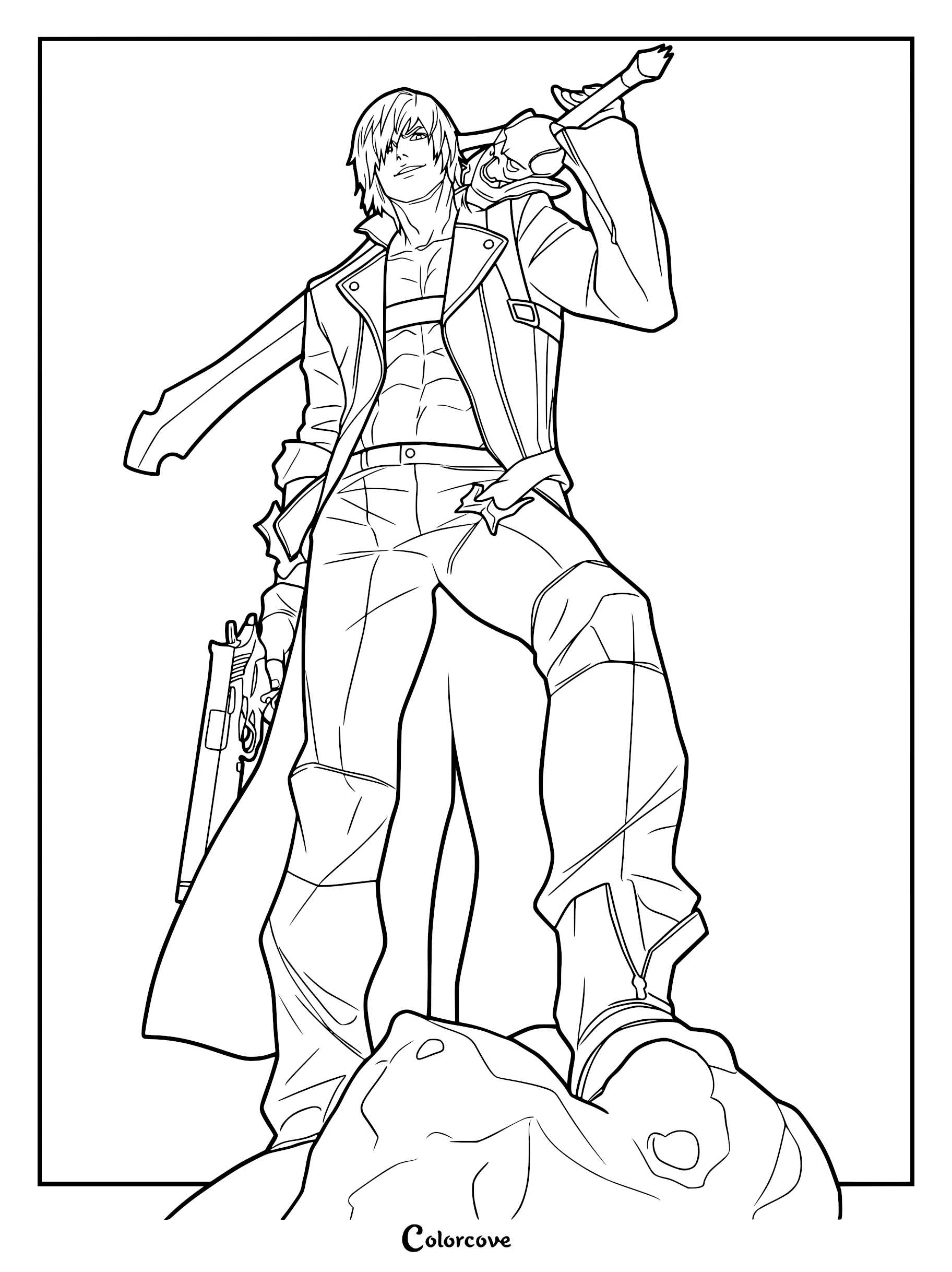 Dante from Devil May Cry holding his Rebellion sword on his shoulder, wearing a long coat and holding Ebony or Ivory, line art coloring page style.
