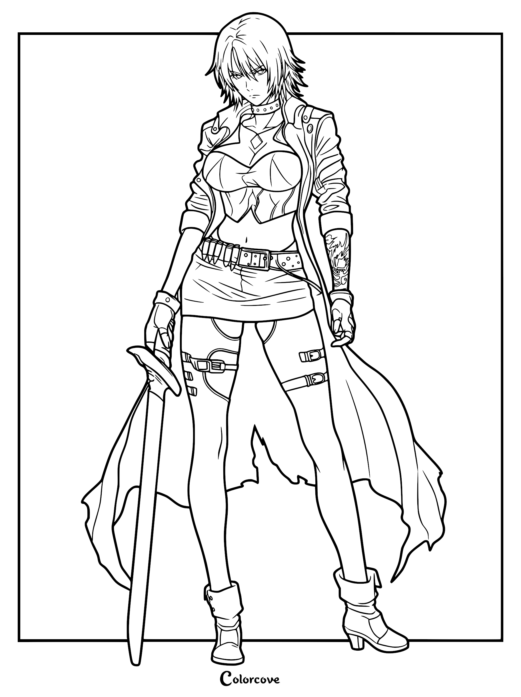 A stylized female version of Dante from Devil May Cry holding a broadsword, wearing a long coat, miniskirt, and high-heeled boots in a line art coloring page style.