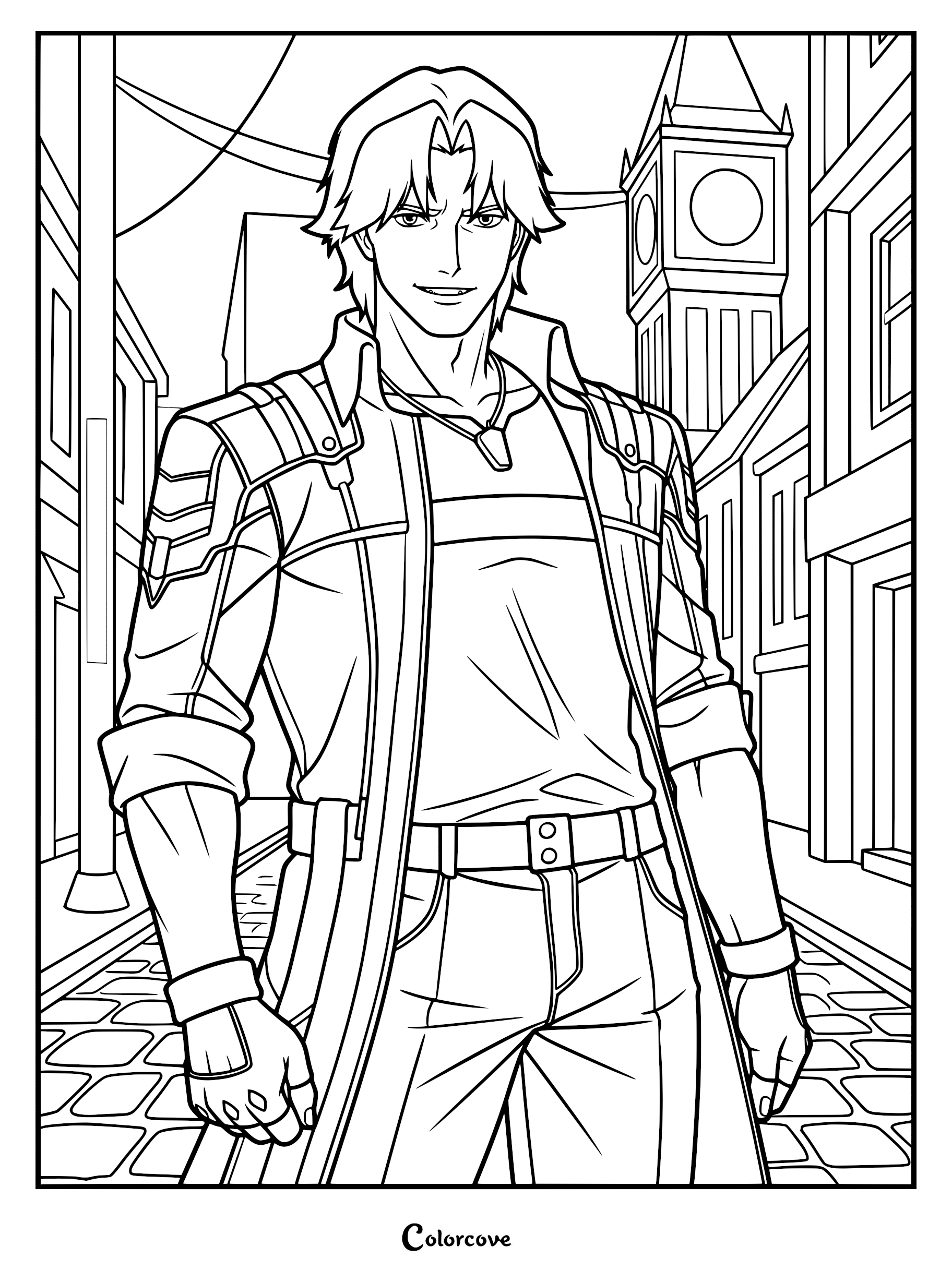 A detailed coloring page of Dante from Devil May Cry standing confidently on a cobblestone city street with a clock tower in the background.