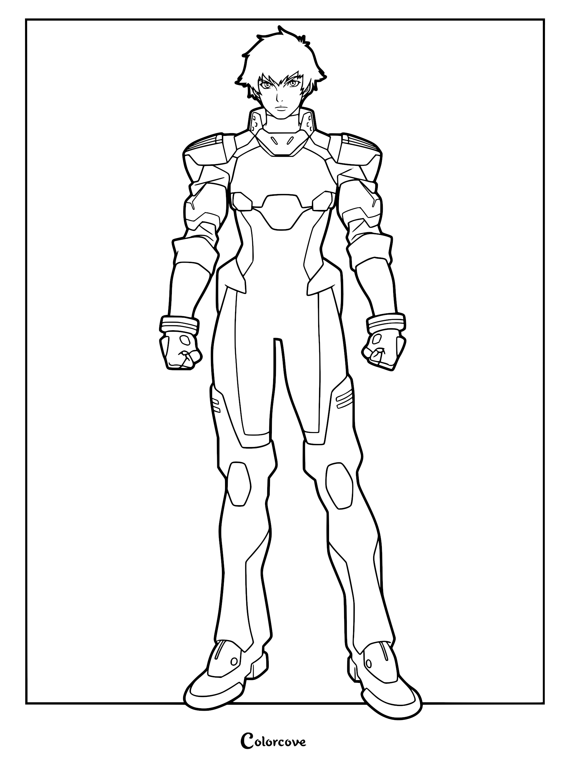 Nero in tactical armor standing in a full-body stance, featured on a Devil May Cry coloring page