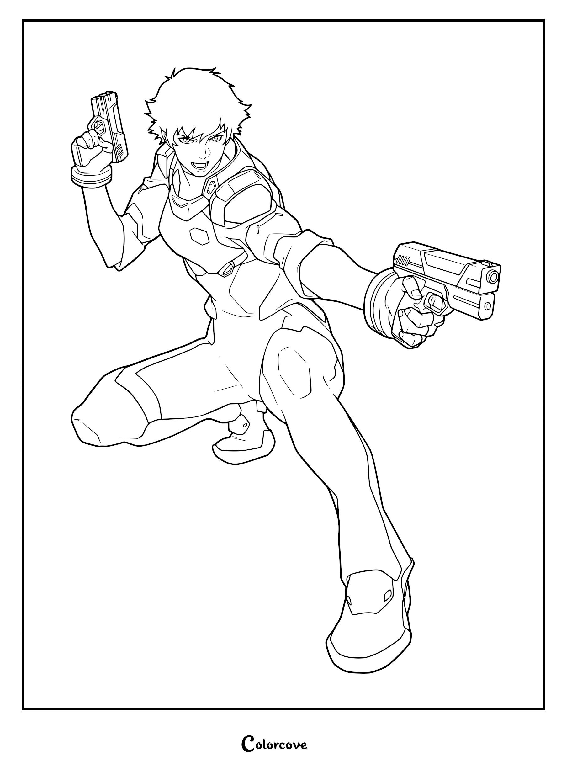 Lady from Devil May Cry in a tactical crouch stance, holding two handguns in a high-quality line art coloring page.