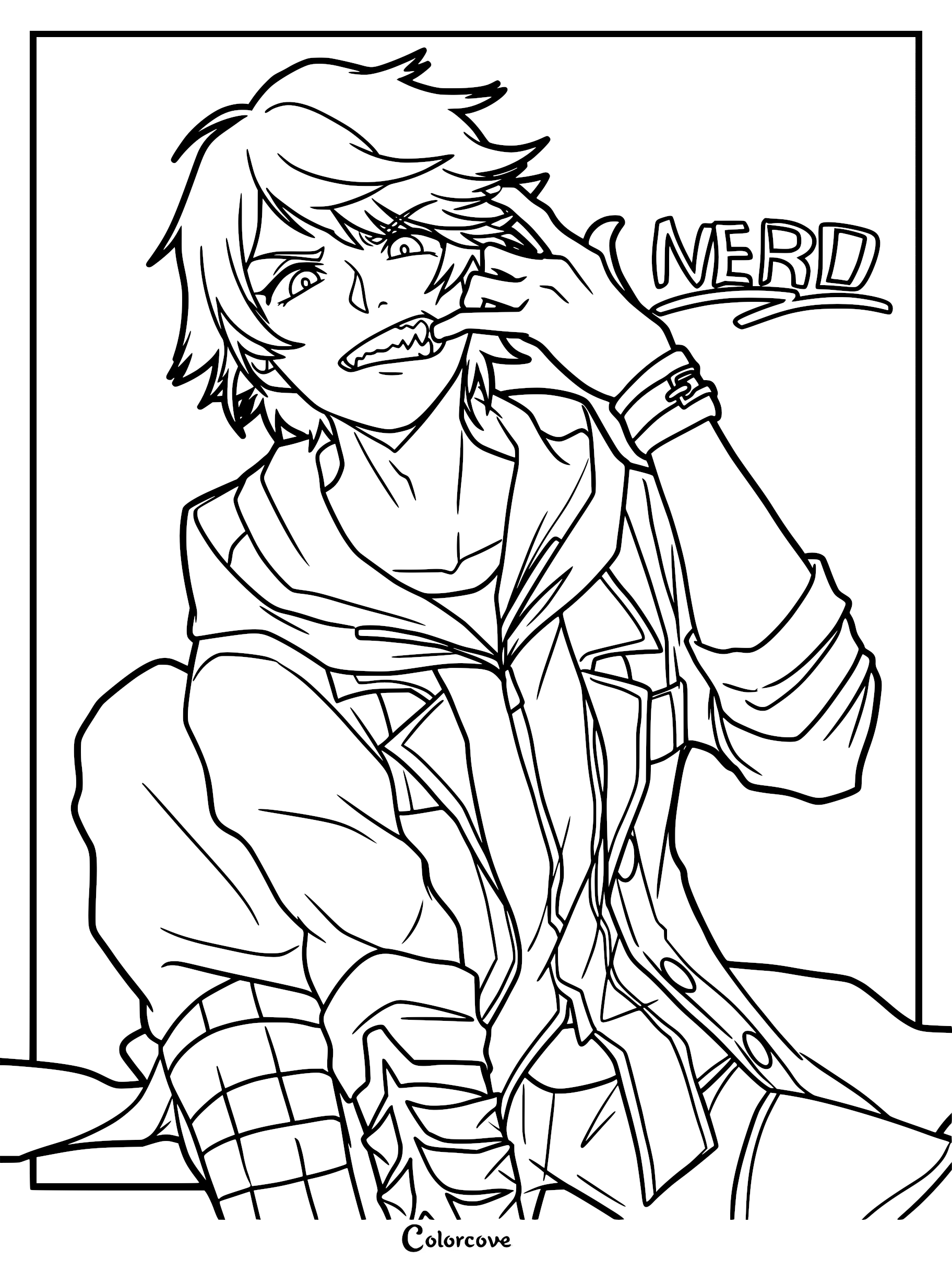 Nero from Devil May Cry 5 shown in a bold line art coloring page, pulling down his lower lip with a hand while wearing his signature hooded jacket and arm gear, with the word 'NERD' written in a stylized font in the background.
