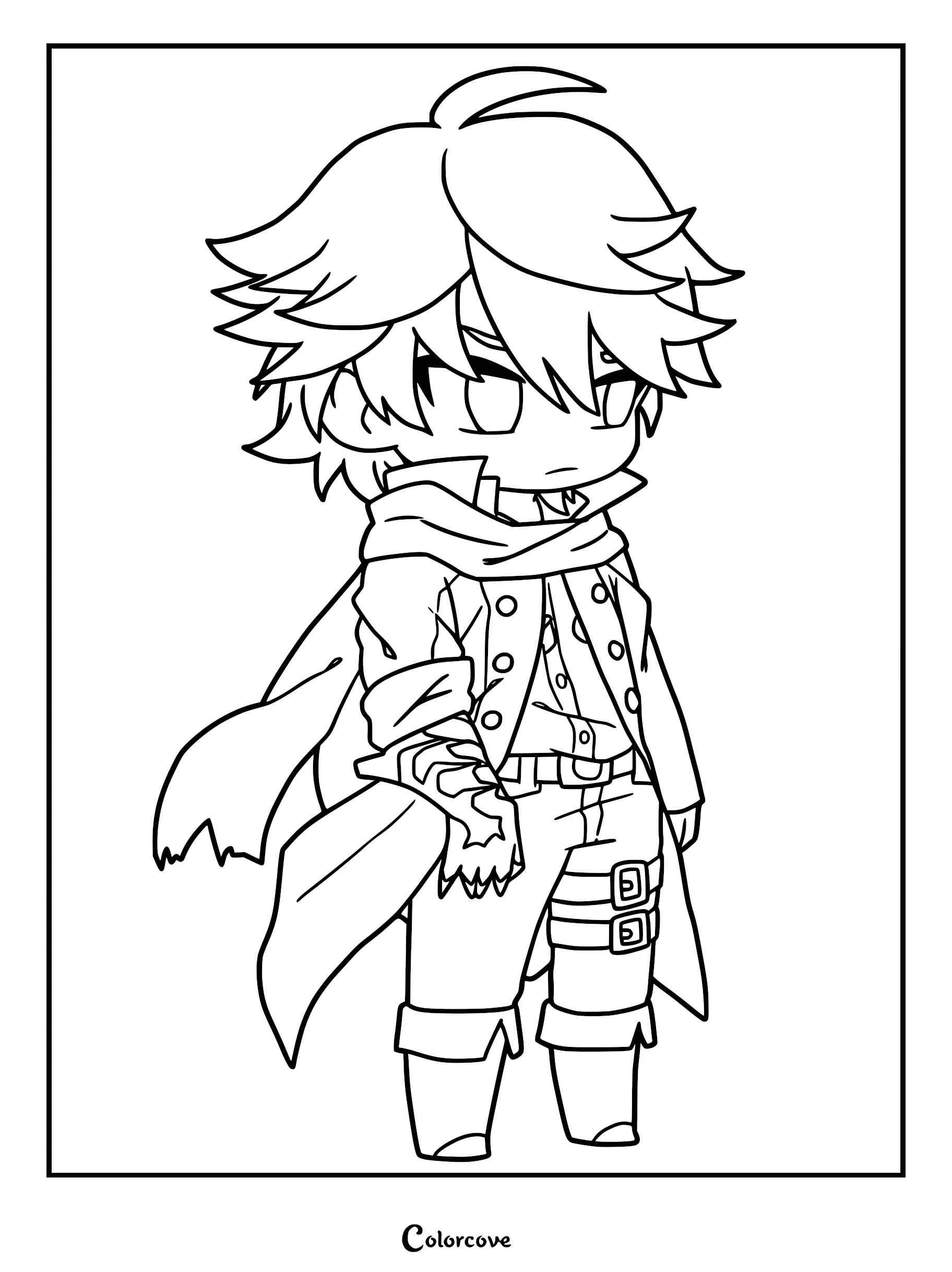 A cute chibi style coloring page illustration of Nero from Devil May Cry, featuring his signature spiked hair, long coat, scarf, and demonic arm in black and white line art.