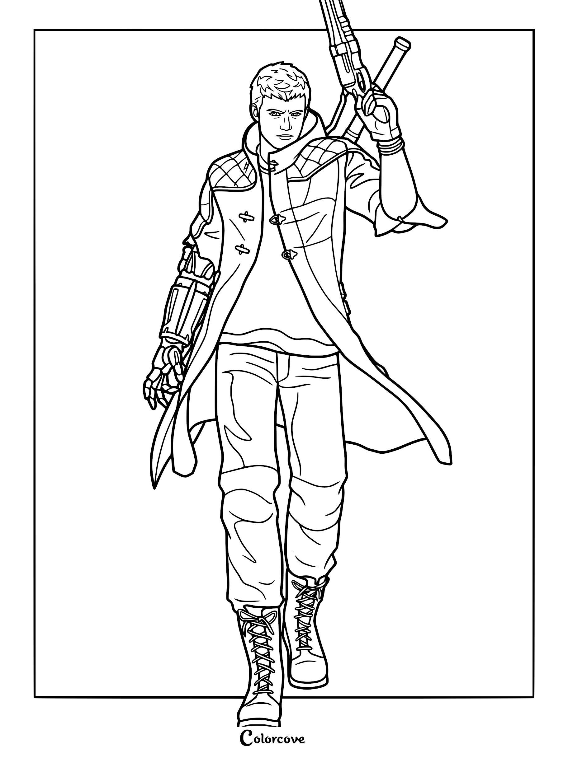 Nero from Devil May Cry 5 wearing his signature coat, carrying the Blue Rose revolver, and sporting a mechanical Devil Breaker arm in this detailed line art coloring page.