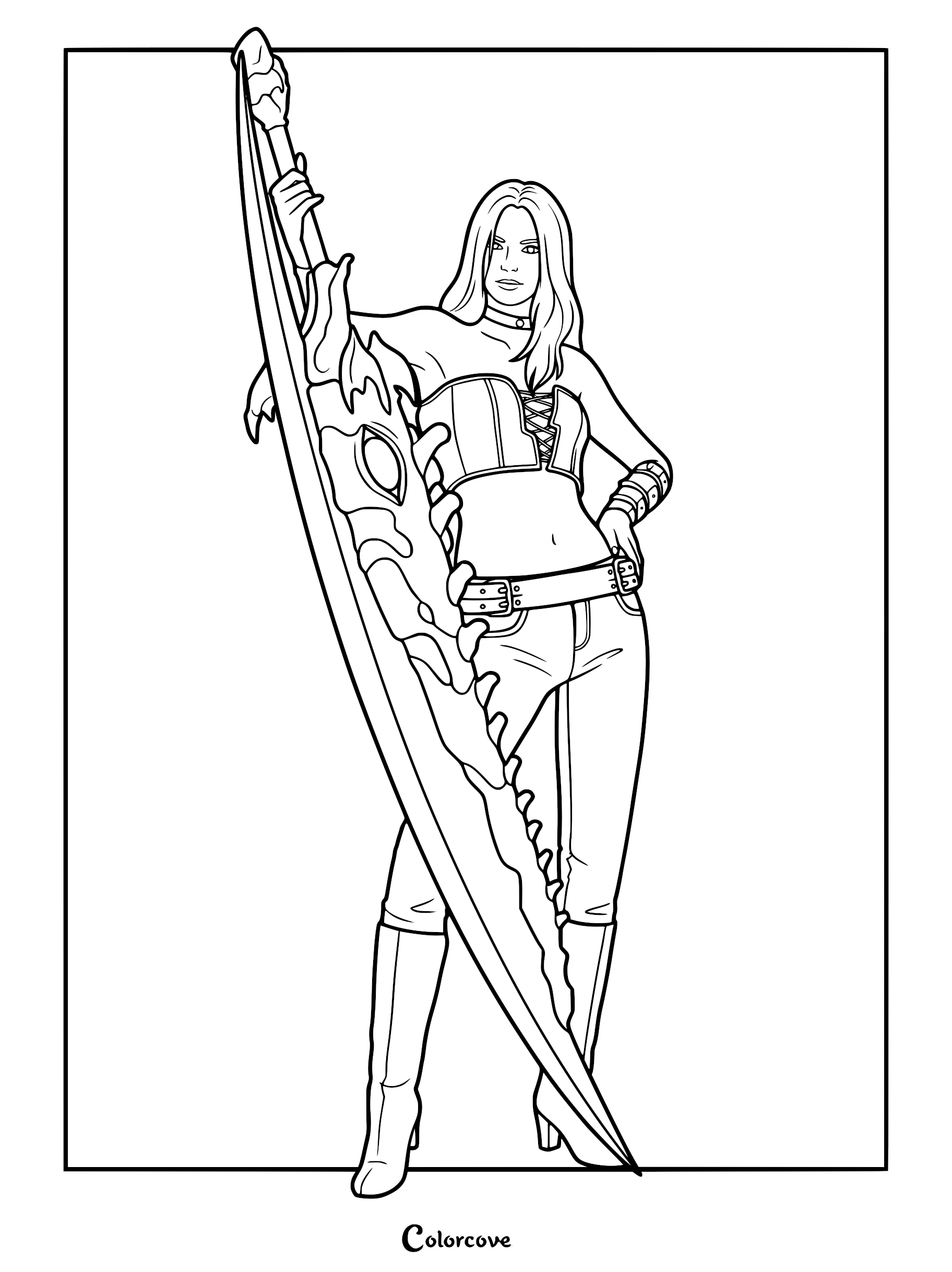 A detailed line art coloring page of Trish from Devil May Cry, standing confidently with one hand on her hip while holding the massive Sparda broadsword upright.