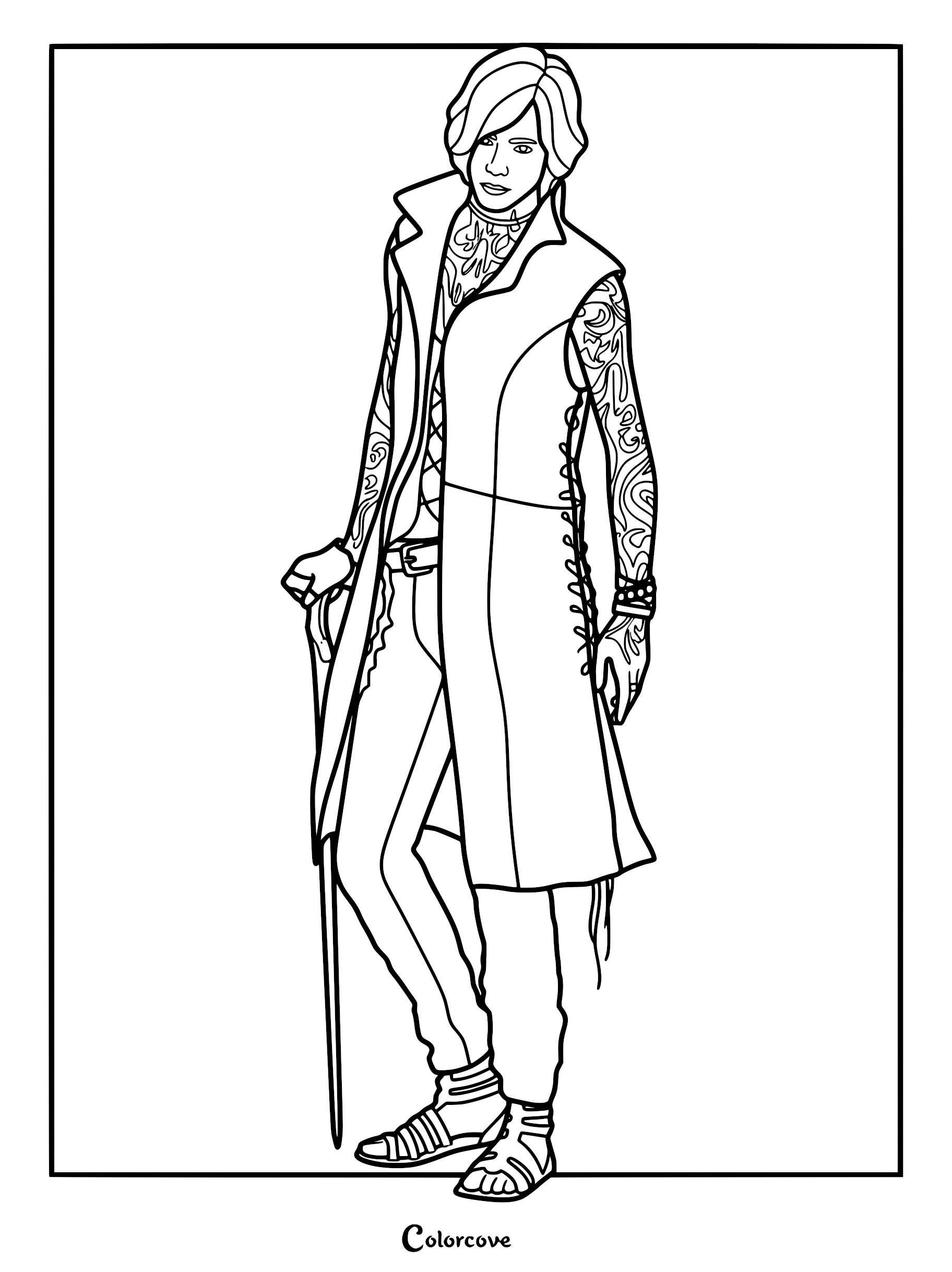 A detailed line art coloring page of V from Devil May Cry 5, featuring his signature messy black hair, tattooed arms, long coat, and cane.