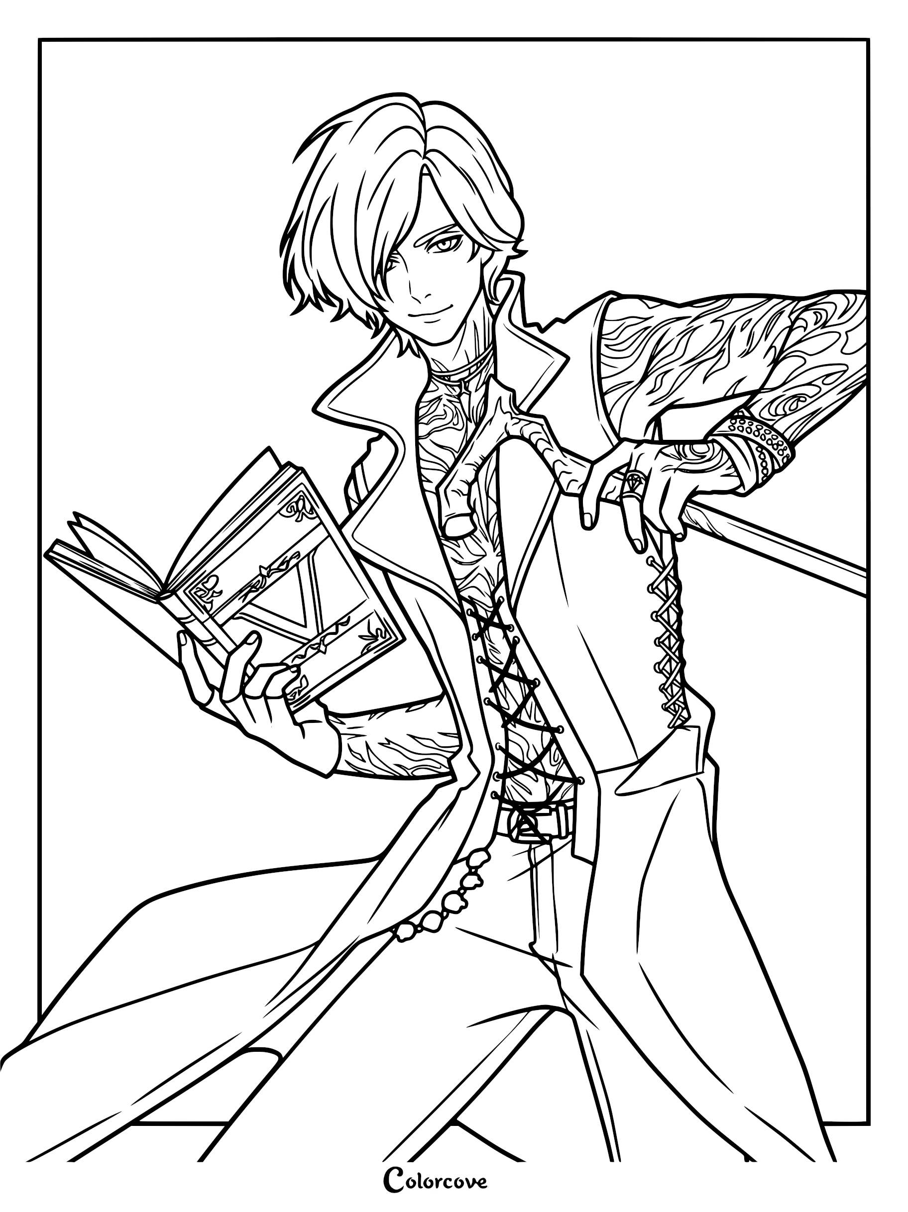 A detailed line art coloring page of V from Devil May Cry holding his iconic poetry book and cane, featuring his signature tattoos and coat.