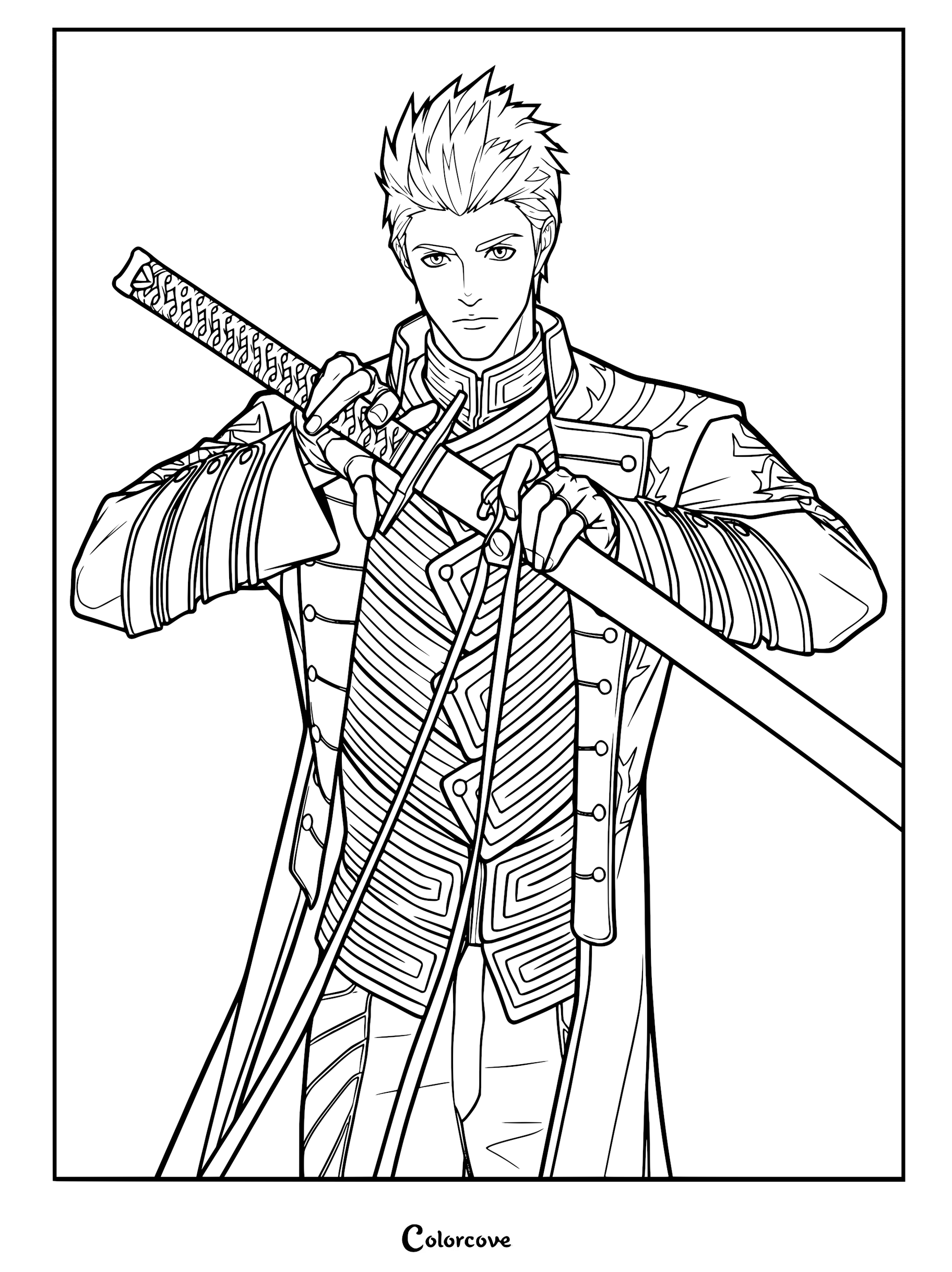 Vergil from Devil May Cry drawing his katana Yamato, high-quality line art coloring page for fans of the series.