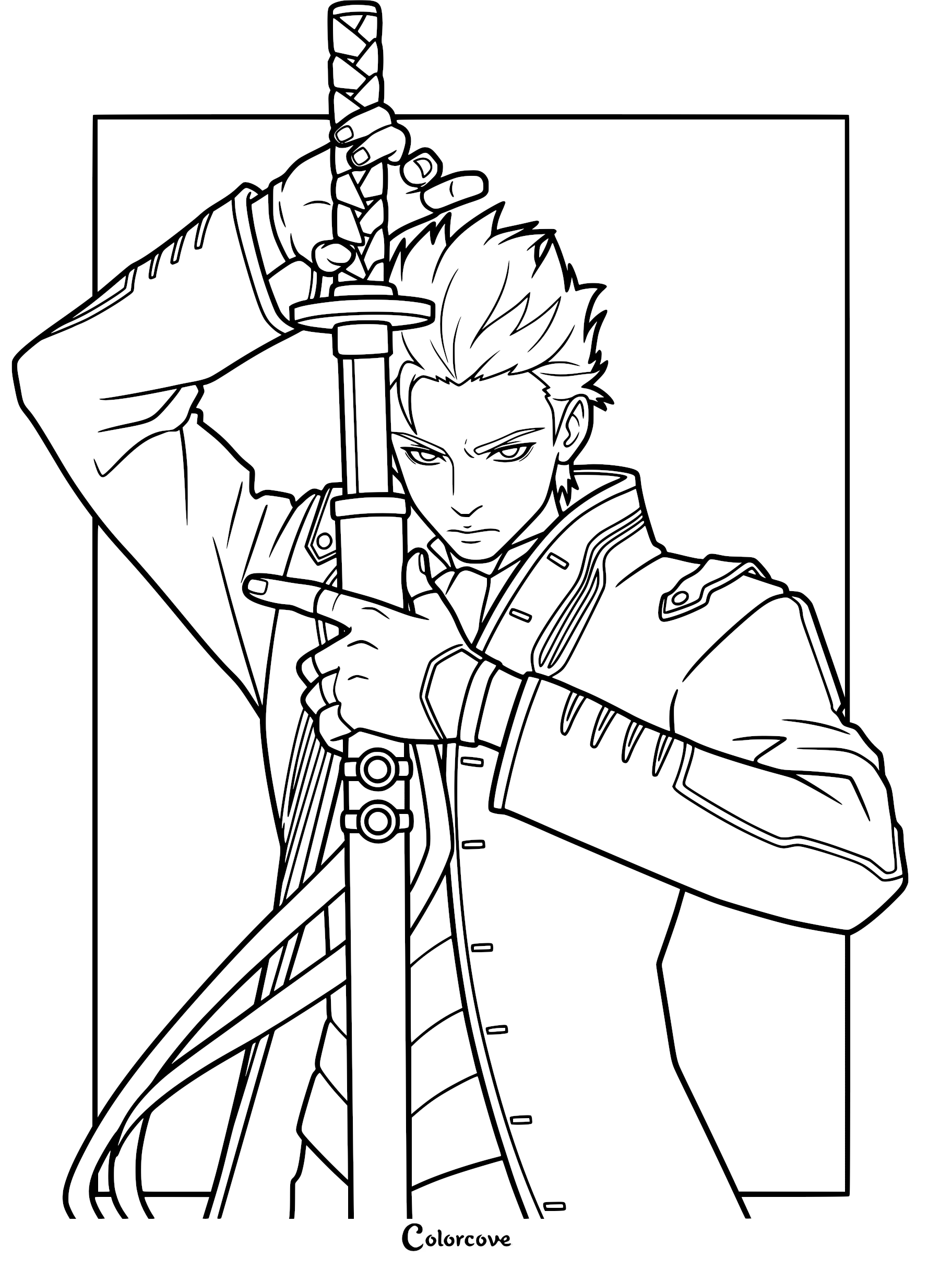 Vergil from Devil May Cry gripping his Yamato katana, detailed line art coloring page suitable for fans of the video game series.