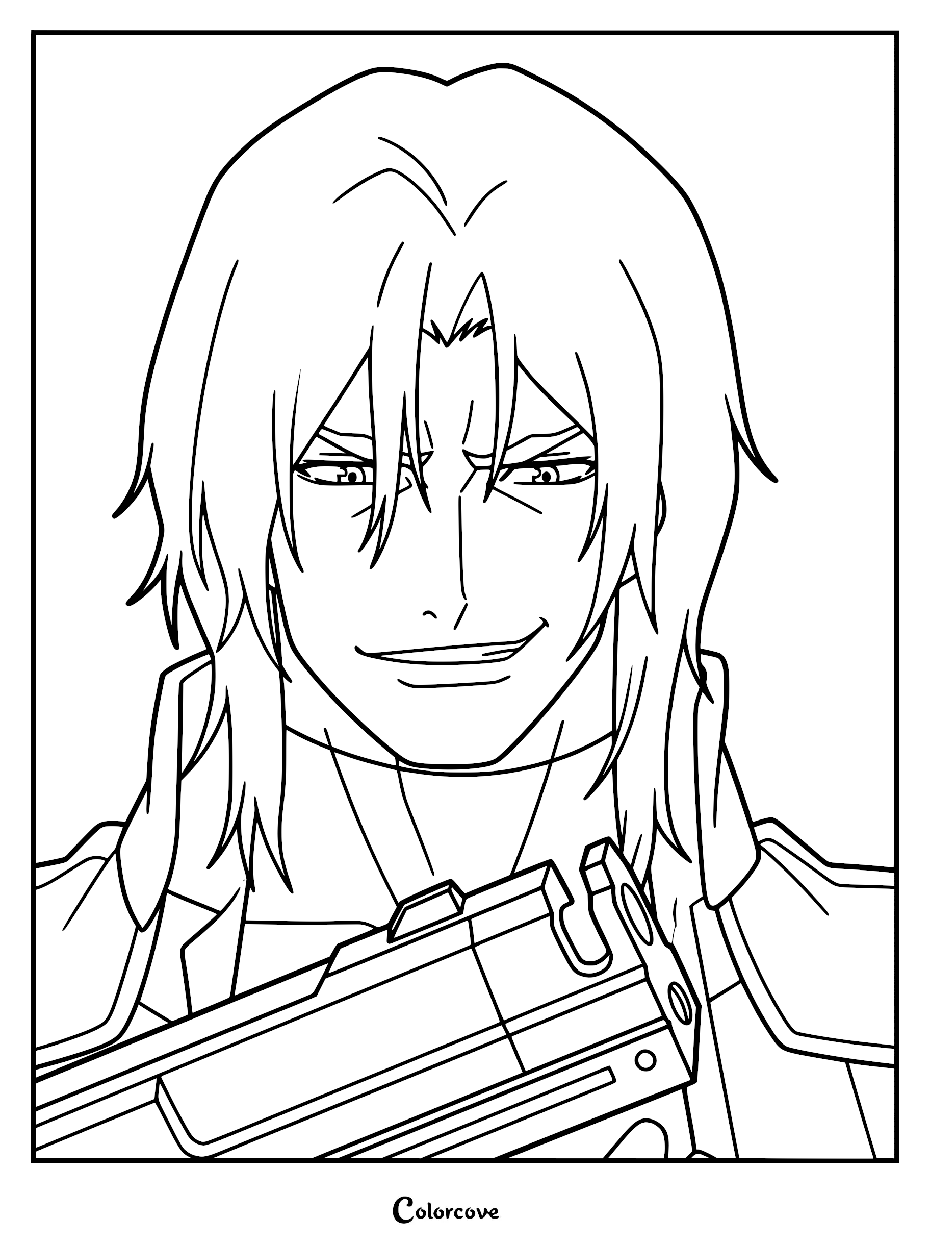 A detailed line art coloring page of Dante from Devil May Cry, featuring his iconic shaggy hair and a confident smirk while holding one of his Ebony and Ivory pistols.