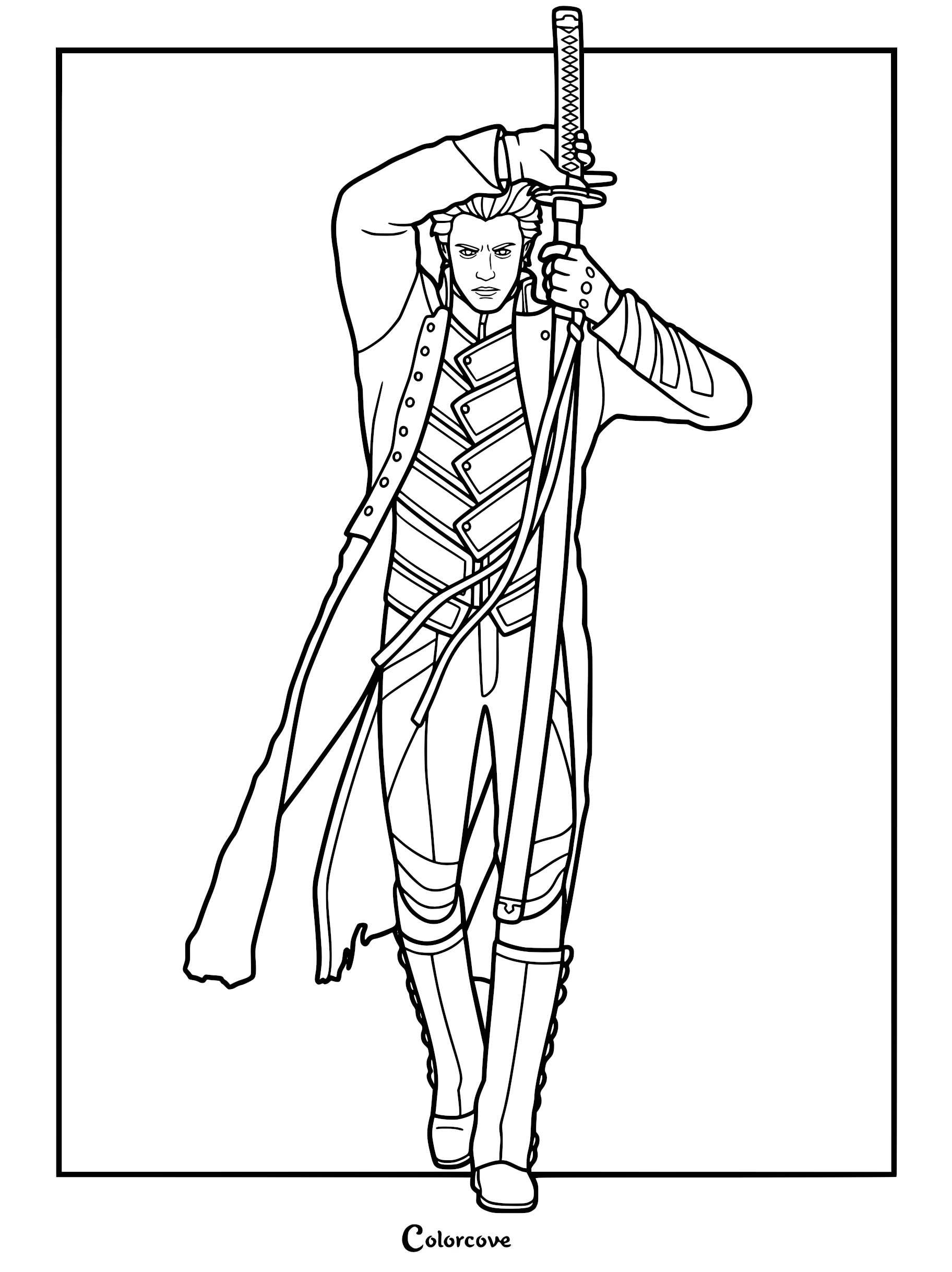 Vergil holding his signature Yamato katana, wearing his iconic trench coat and tactical gear, displayed as a bold line art coloring page.