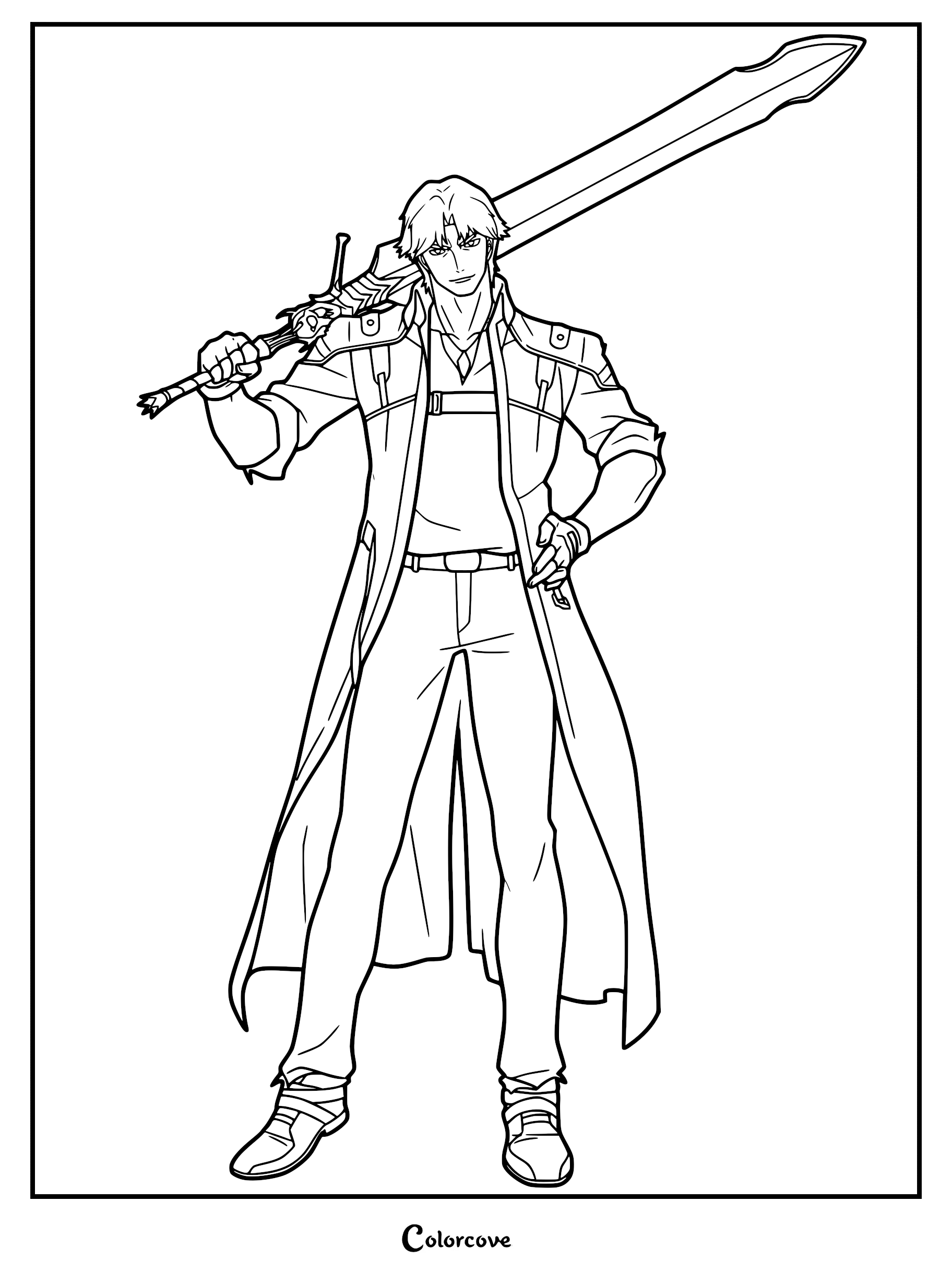 Dante from Devil May Cry holding the massive Rebellion sword on his shoulder, detailed line art coloring page for fans.