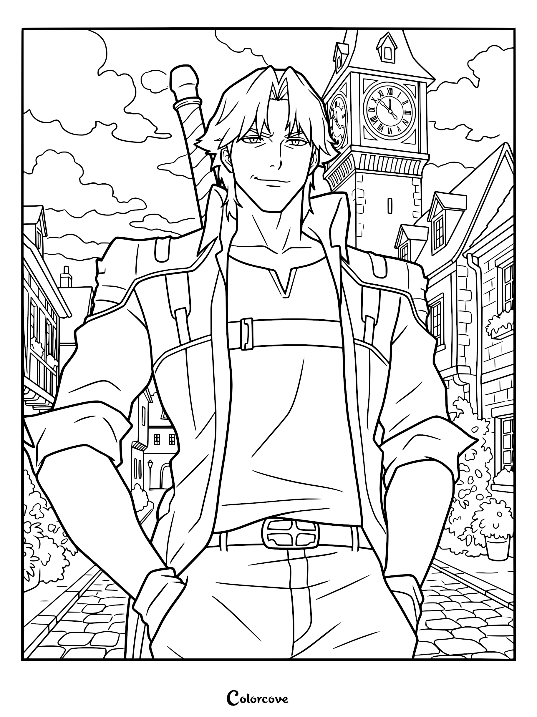 A detailed Dante coloring page featuring the demon hunter with his signature Rebellion sword strapped to his back, standing confidently in a European-style town square with a clock tower in the background.
