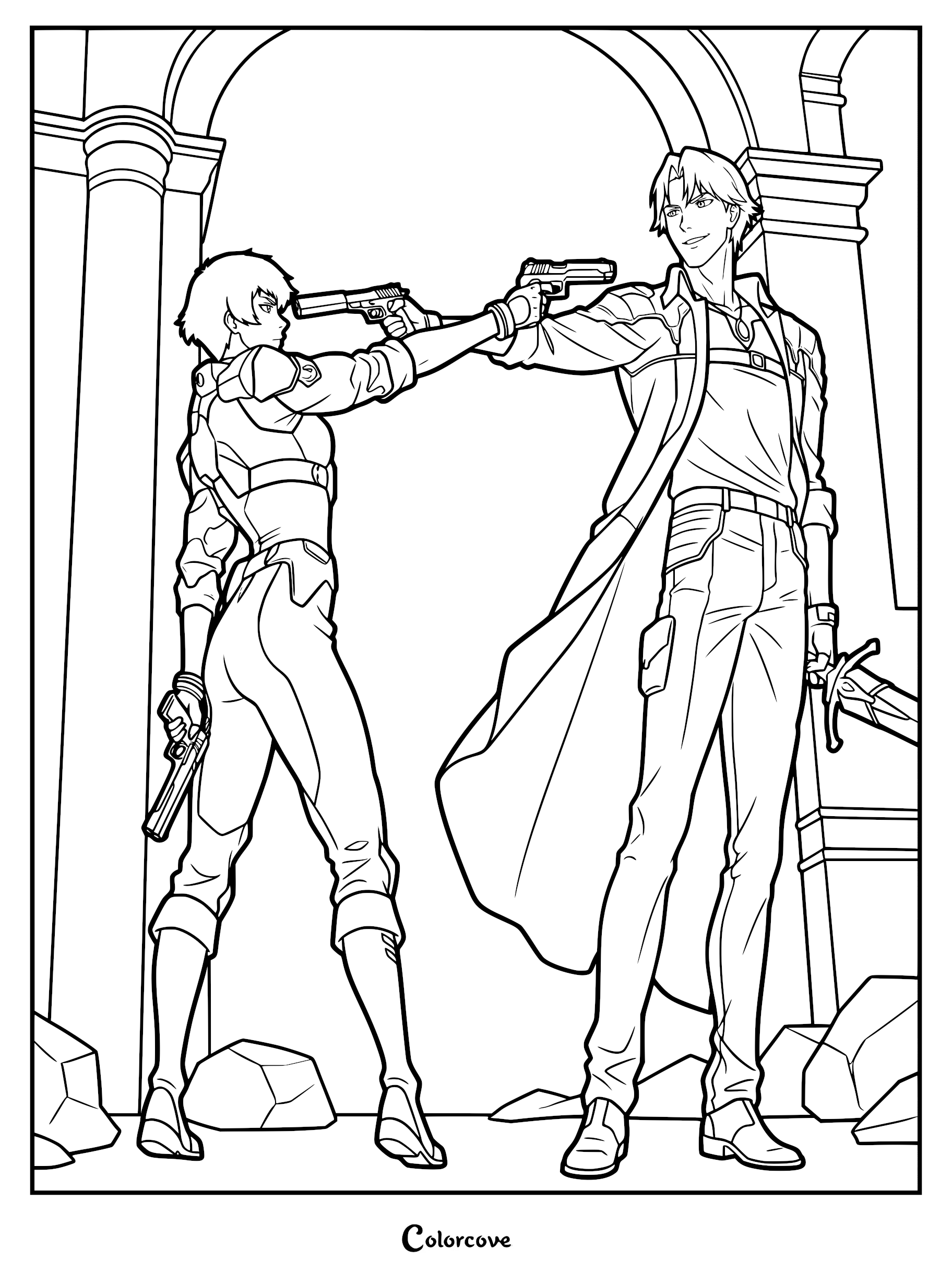 Dante and Lady facing each other with pistols pointed in a tense standoff, coloring page illustration in a stone archway.