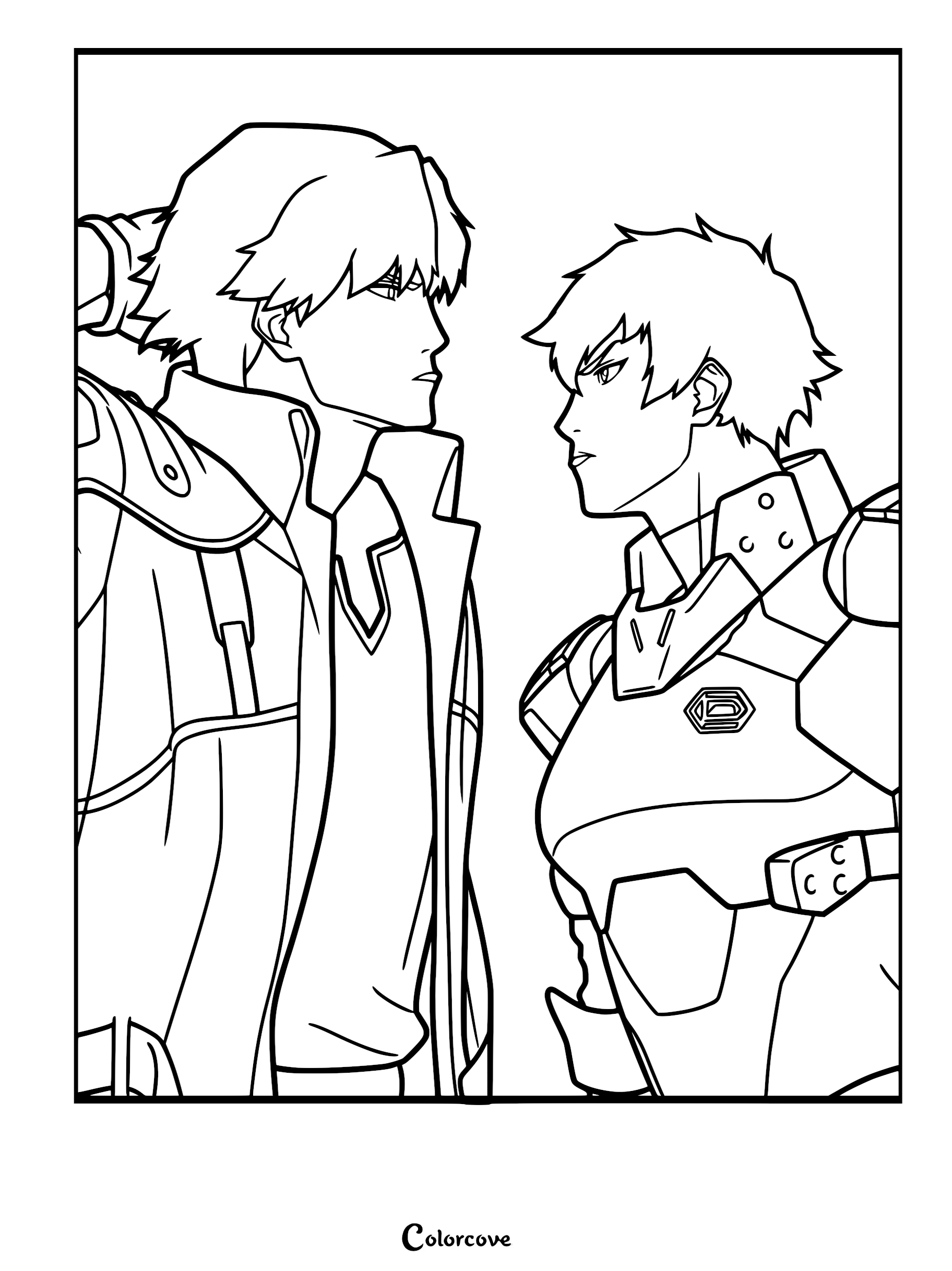 Printable line art coloring page featuring Dante and Nero from Devil May Cry staring each other down in a tense confrontation.
